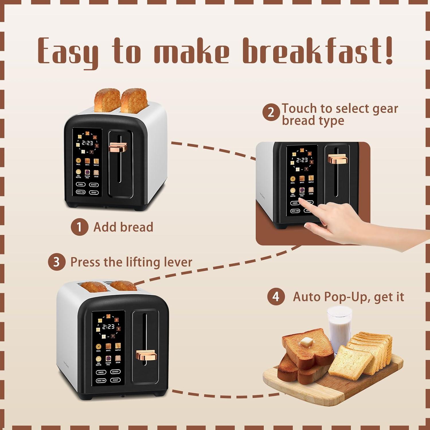 SEEDEEM Toaster 2 Slice with Touch Screen, Faster Heating Speed, 7 Shade Setting, 6 Bread Type, 1.5”Wide Slots Toaster, Removable Crumb Tray, 1350W, Dark Cherry