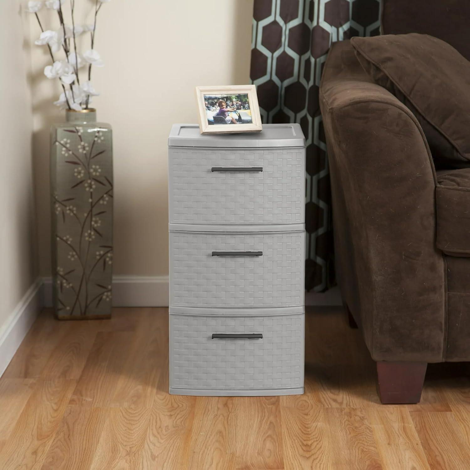 Cement Gray 3-Drawer Weave Plastic Storage Tower