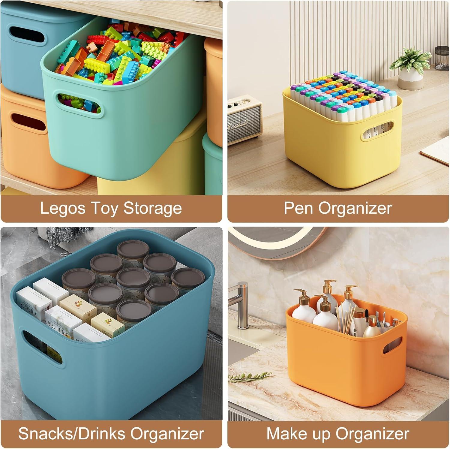 8 Pieces Colorful Storage Bins with Lid and Handle, Plastic Stackable Baskets Desktop Cube Box Cubby Bins Containers for Shelf Cabinet Bedroom Office (Multi-colored,14.2 x 10.2 x 9.5 Inch)