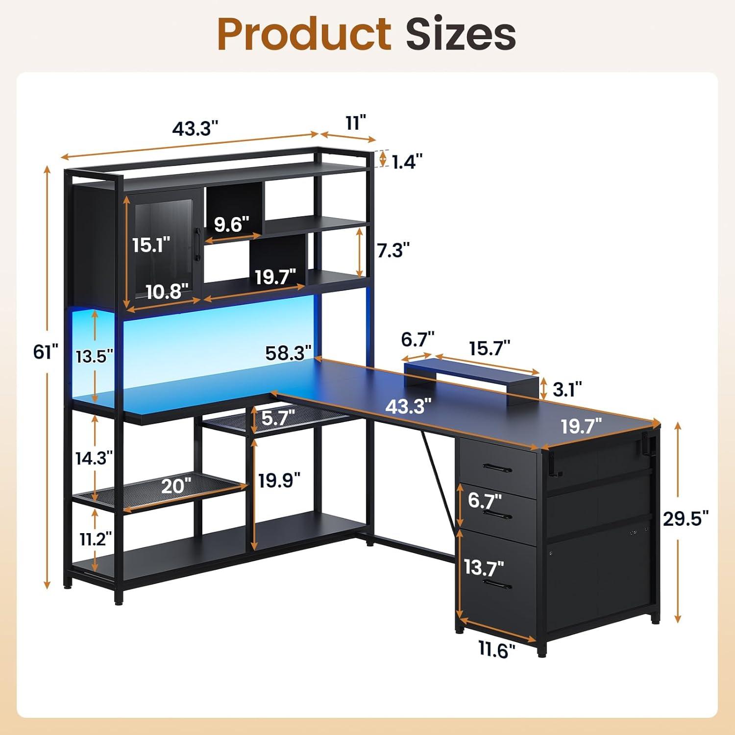 U-SHARE L Shaped Computer Desk, 58'' Office Desk with 3 Drawers and Bookshelf, L Shaped Corner Desk with Storage Shelves and LED Light for Home Office, Gaming Desk, L Desk, Black