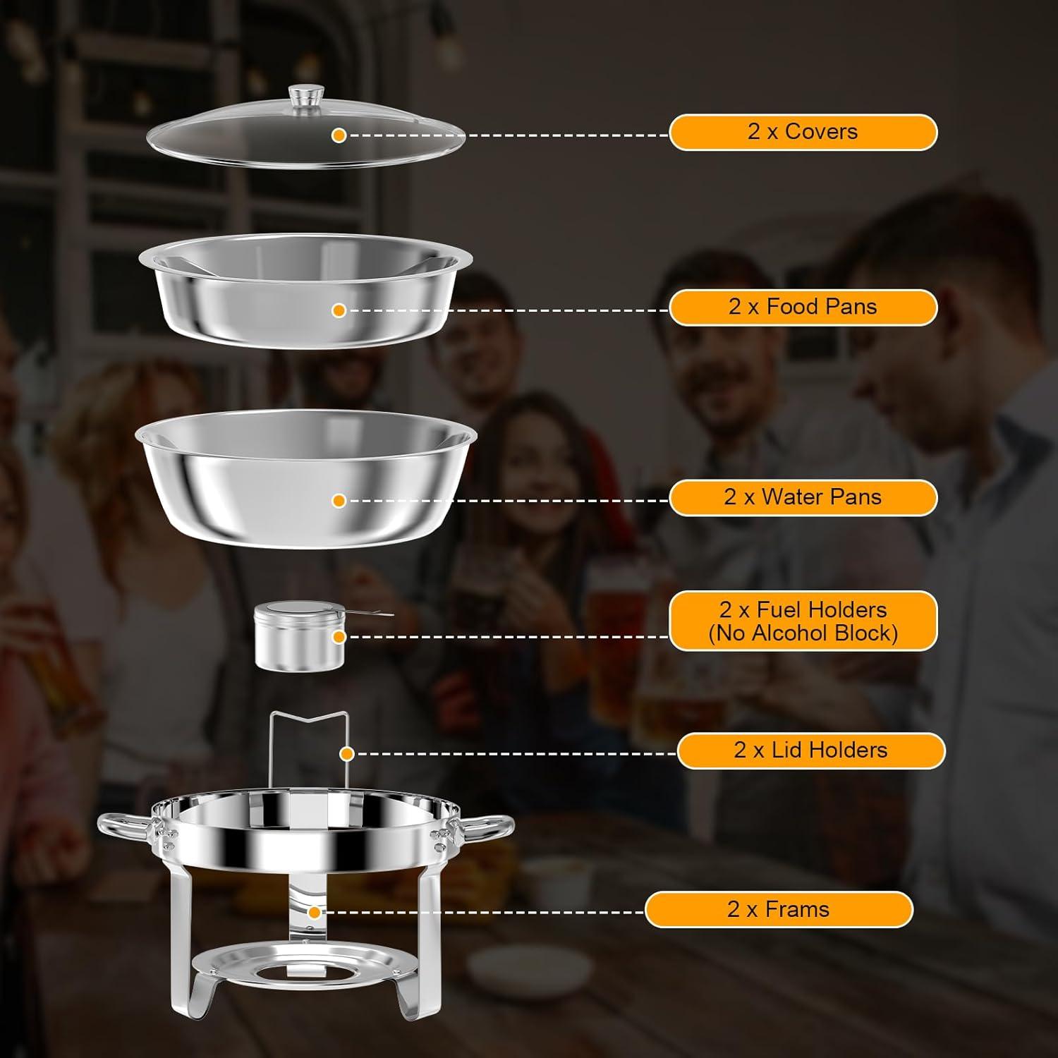 WhizMax Chafing Dish Buffet Set 2 Pack 5QT, Stainless Steel Round Chafing Dishes for Buffet with Lid Holder & Glass Lid, Gold