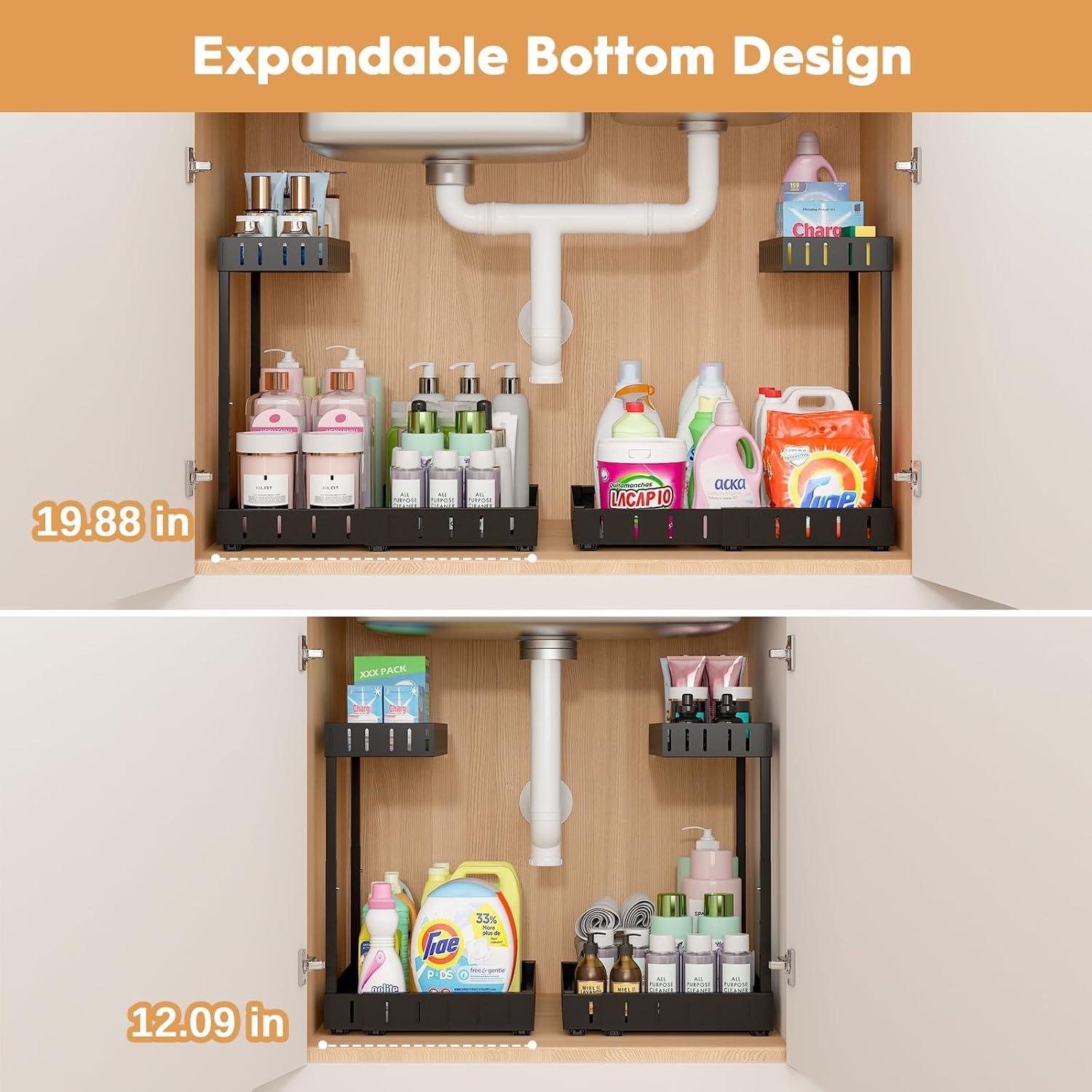 Rebrilliant Under Sink Organizer, 2 Tier Expandable Under Cabinet Organizer, Heights Adjustable Pull Out Storage For Kitchen Bathroom Laundry, Black, 1 Pack