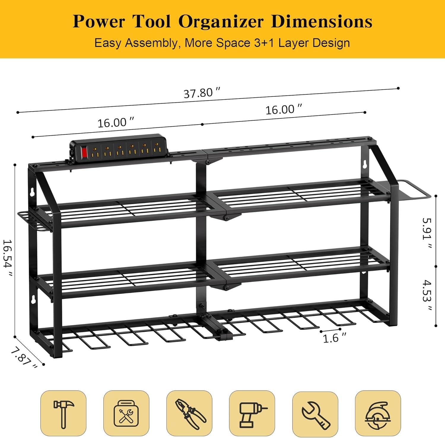 Spampur Power Tool Organizer Wall Mount with Charging Station, Garage Tool Shelf 6 Drill Holders, Tool Battery Holder with Plier holder Heavy Duty Rack, Tool Storage Rack with 4 Outlet Power Strip
