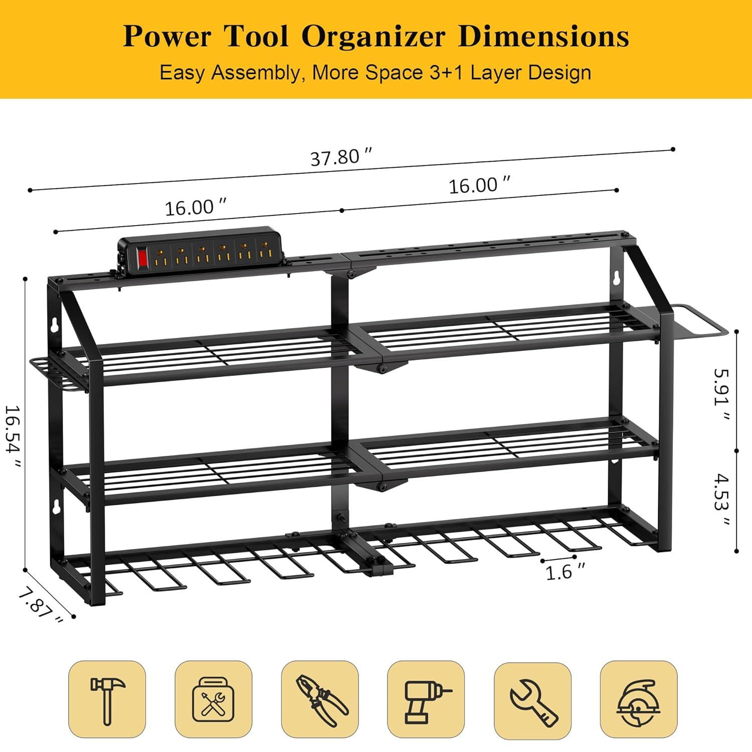 Spampur Power Tool Organizer Wall Mount with Charging Station, Garage Tool Shelf 6 Drill Holders, Tool Battery Holder with Plier holder Heavy Duty Rack, Tool Storage Rack with 4 Outlet Power Strip