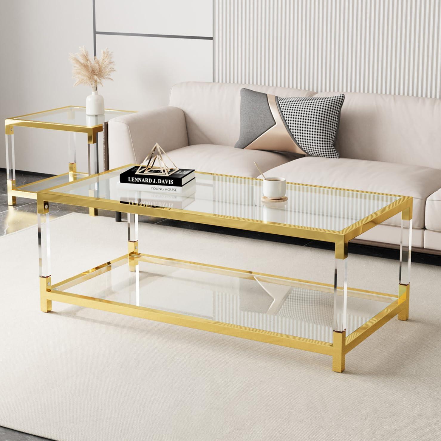 Modern Gold Glass Coffee Table with Acrylic Legs and Storage