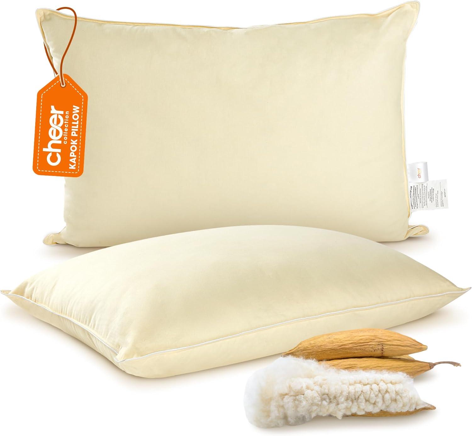 Set of 2 Yellow Organic Kapok Bed Pillows with Cotton Shell