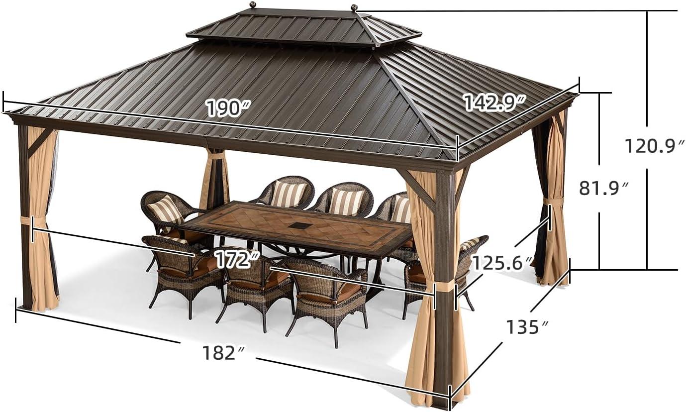 Gazebo 16' x 12' Brown Aluminum and Steel Hardtop with Curtains