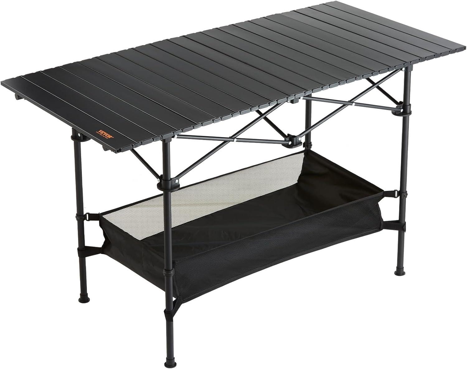 Black Aluminum Folding Camping Table with Storage Net, 45'' x 22''