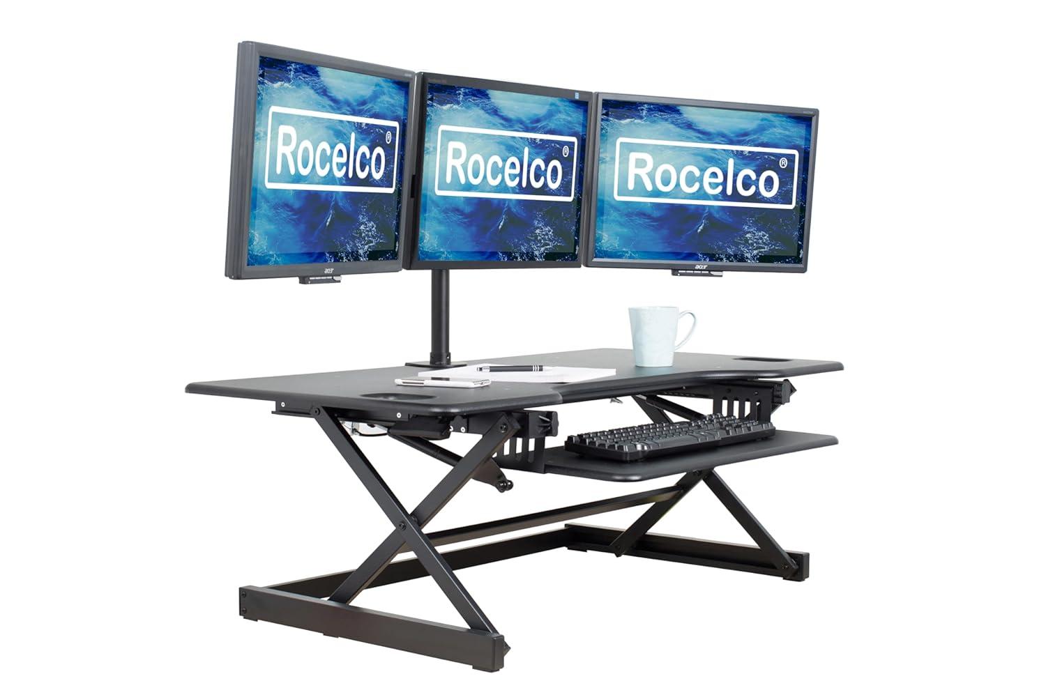 Rocelco 46" Height Adjustable Sit To Standing Desk Riser Black : Extra Large, Ergonomic Keyboard Tray, No Assembly Required