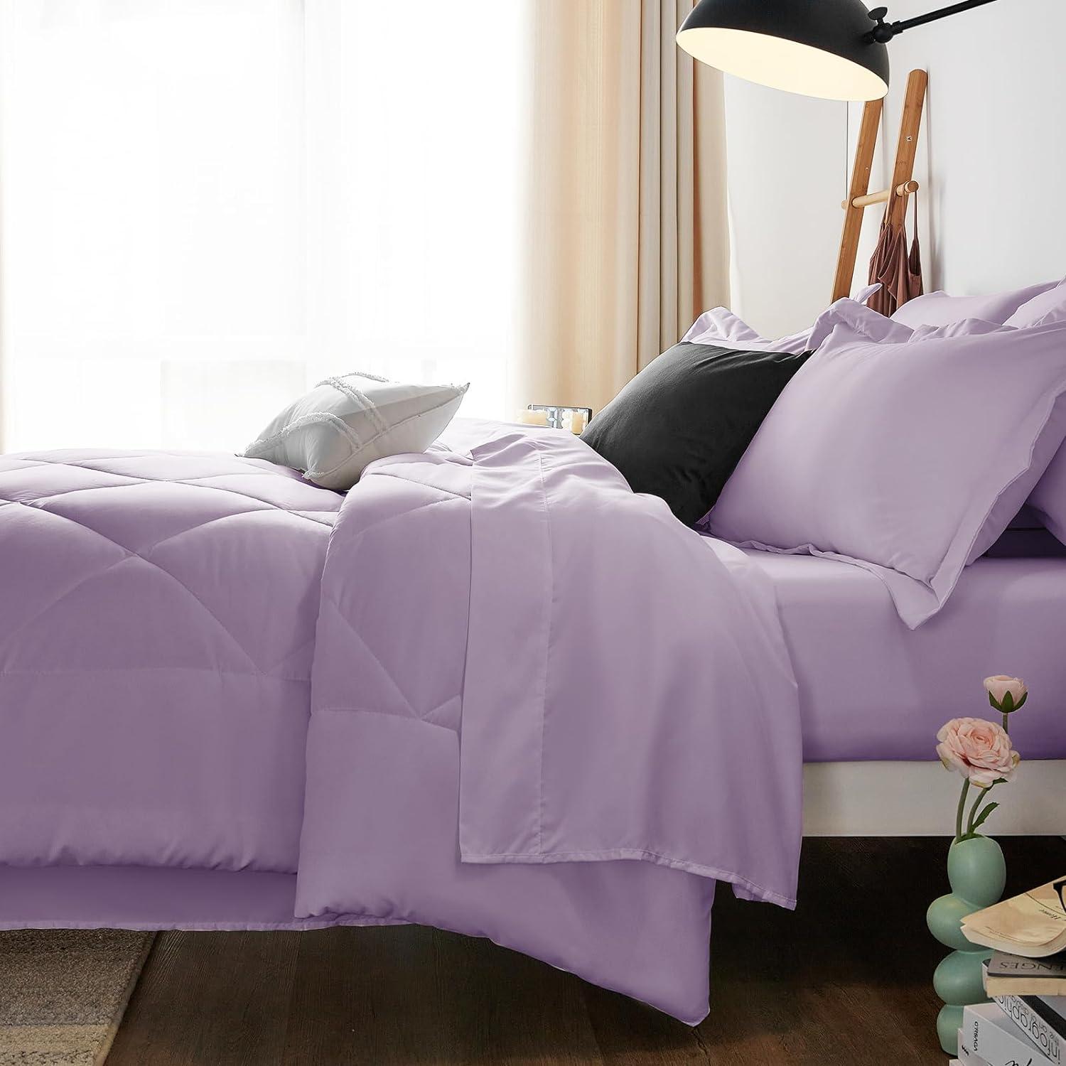 Cozy Comfort Light Purple Queen Comforter Set - 7 Pieces Reversible Queen Bed in a Bag, Queen Bed Set Light Purple and Grey with Comforters, Sheets, Pillowcases & Shams