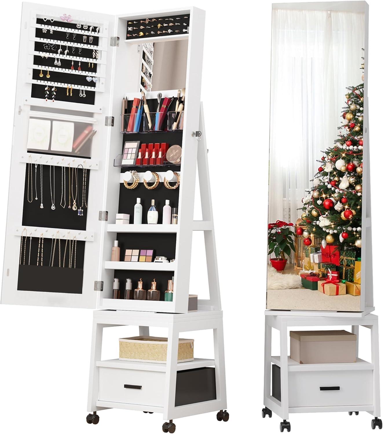 360°Swivel Jewelry Cabinet,Lockable Standing Jewelry Armoire with Mirror, Drawer and Wheels,Floor Dressing Mirror with Hidden Jewelry Storage for Bedroom, Dressing Room Clamshell