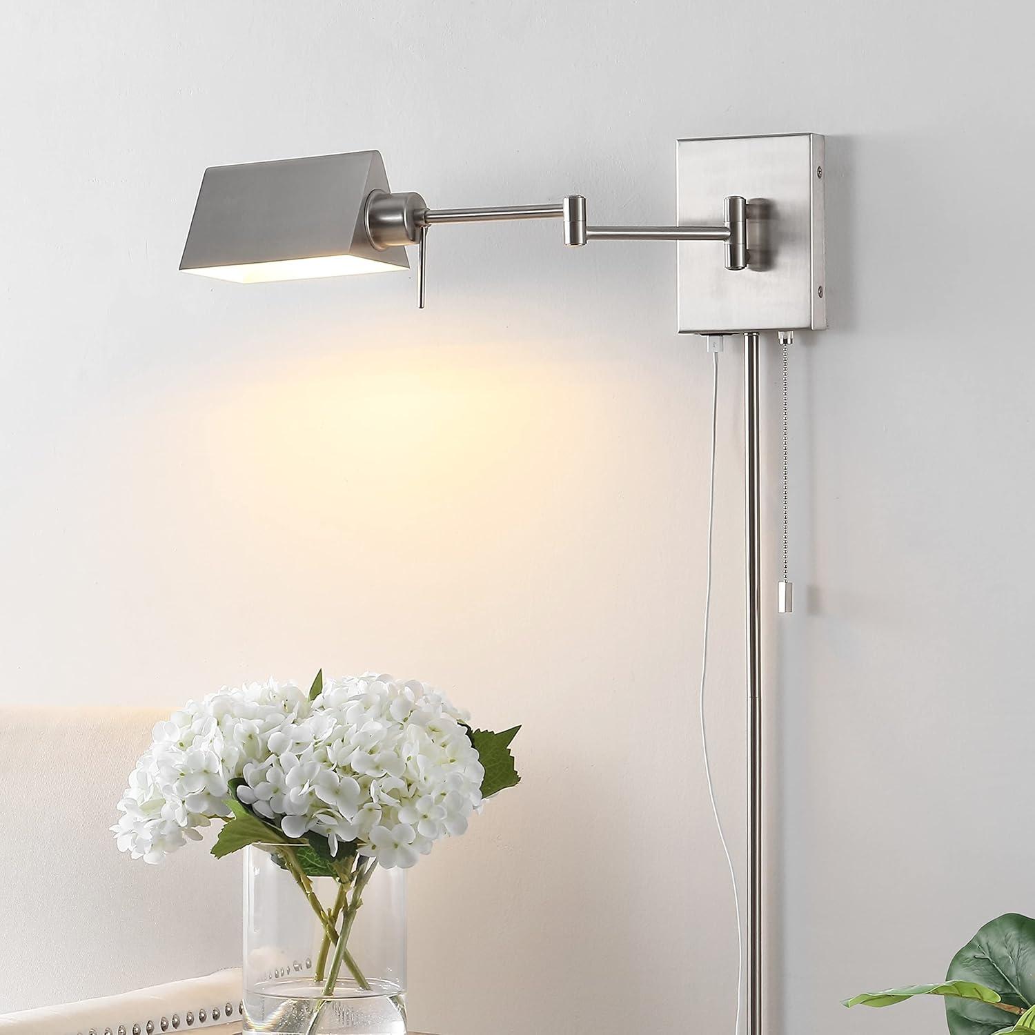 Arlo 22" 1-Light Farmhouse Industrial Single Swing Arm Plug-In or Hardwired Iron LED Wall Sconce with Pull-Chain USB Charging Port, Nickel