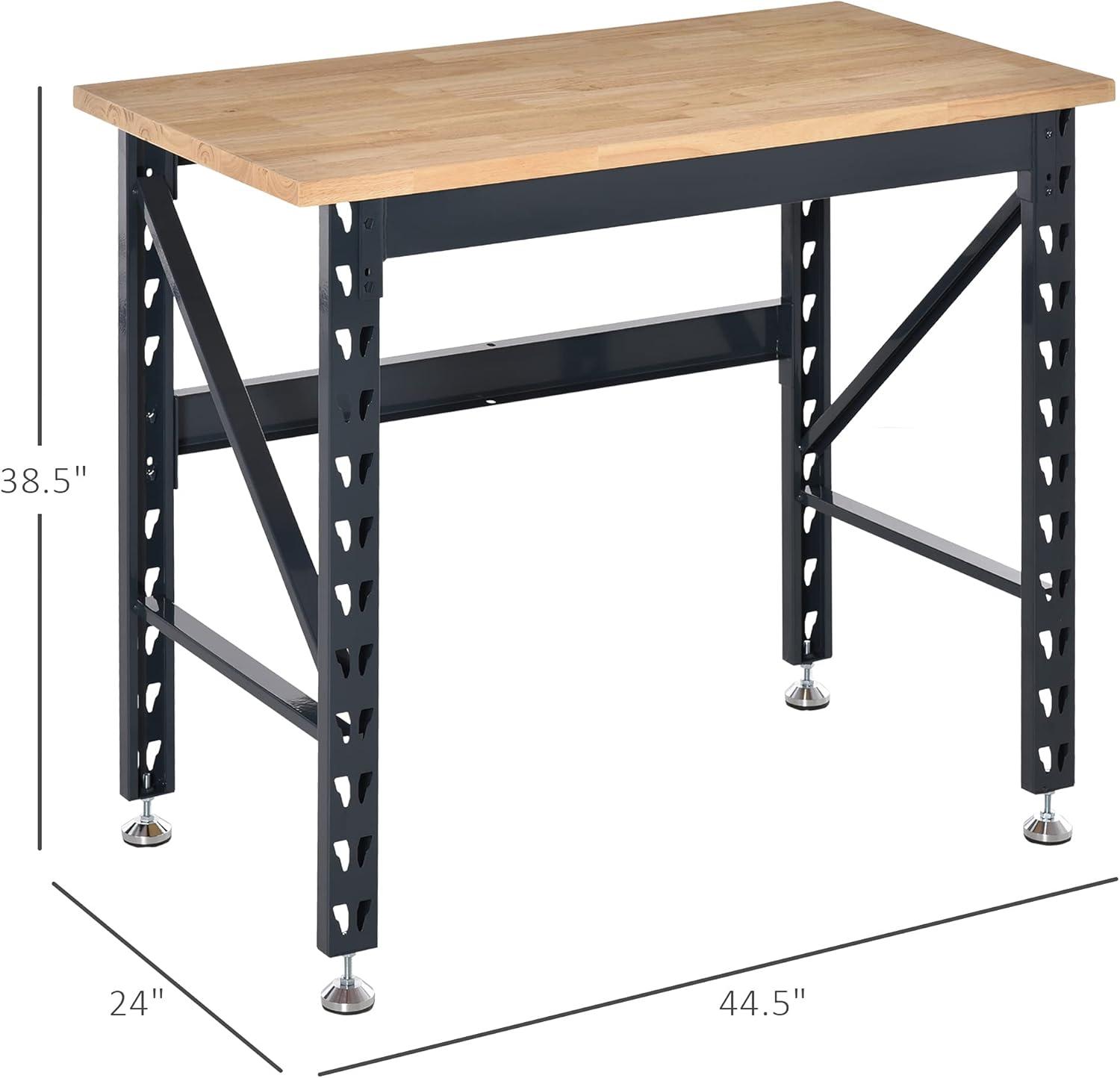 HOMCOM 45" Work Bench with Adjustable Footpads and Large Solid Wood Tabletop Tool Table for Garage, Weight Capacity 1100 lbs