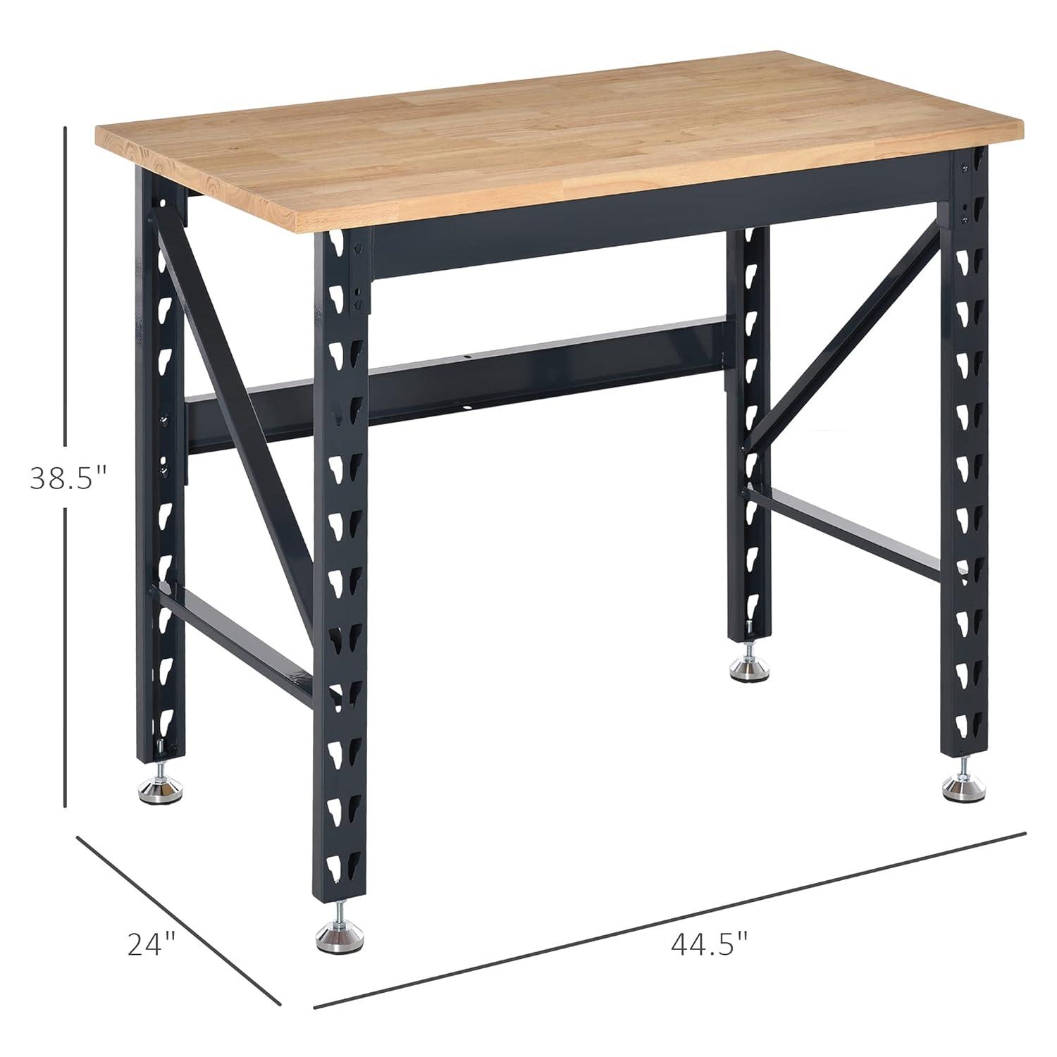 HOMCOM 45" Work Bench with Adjustable Footpads and Large Solid Wood Tabletop Tool Table for Garage, Weight Capacity 1100 lbs