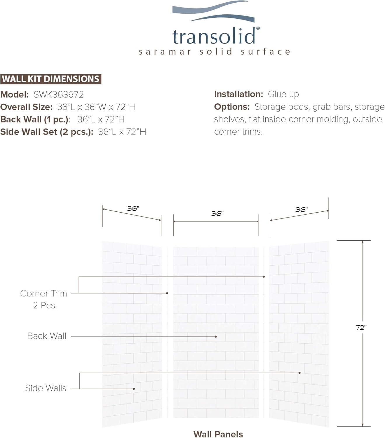 Transolid SWK363672-21 SaraMar 36-in X 36-in X 72-in Glue to Wall 3-Piece Shower Wall Kit, White