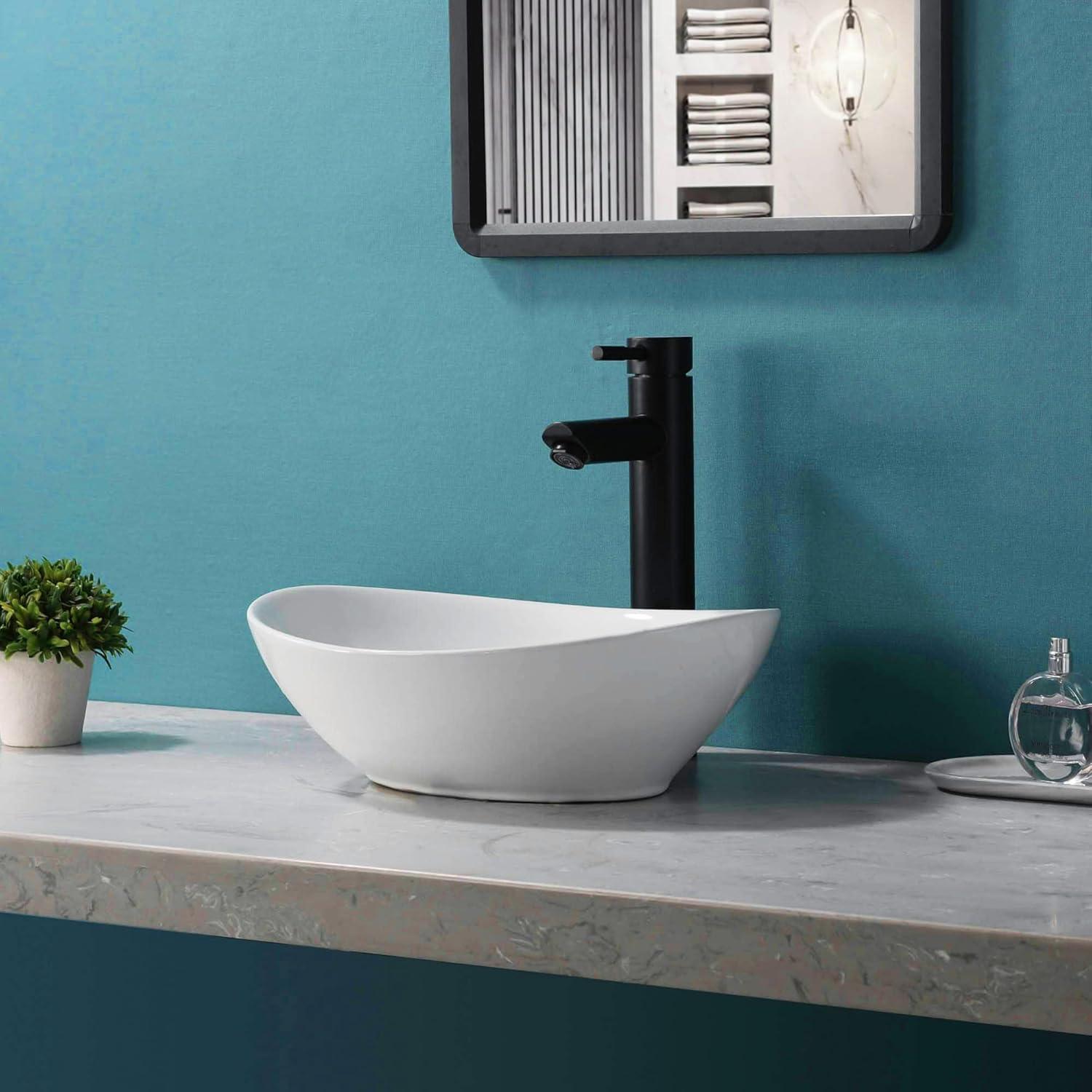 Bathivy Oval Vessel Sink, 14.6'' x 11.6'' Modern Above Counter Oval Bathroom Sink, Small White Porcelain Bathroom Vessel Sink with Pop Up Drain