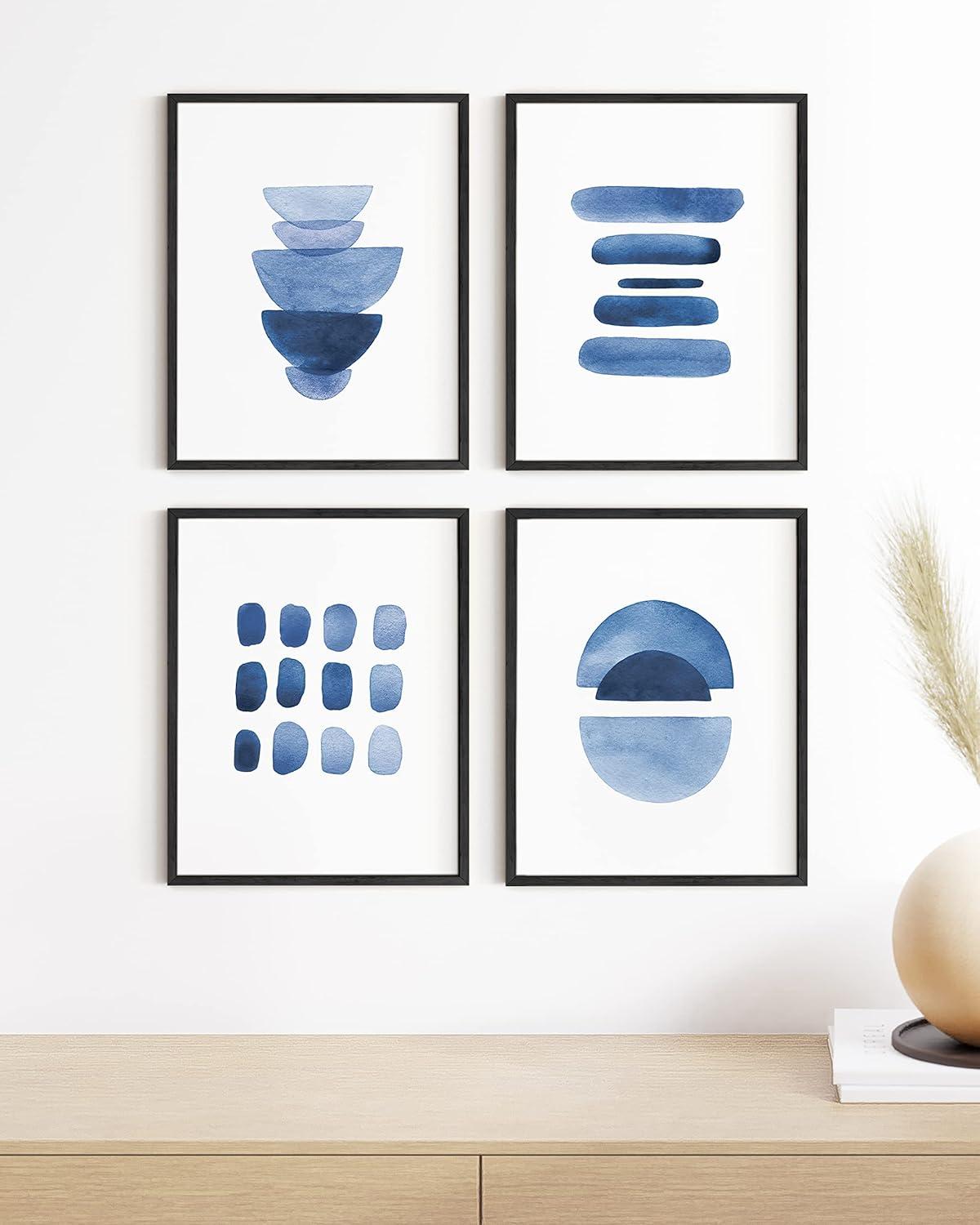 HAUS AND HUES Blue Wall Art Set of 4 - Navy Blue Wall Art, Navy Wall Decor, Geometric Wall Art, Navy Blue Wall Decor, Geometric Wall Decor, Abstract Wall Art With Frame, (Framed Black, 16x20)