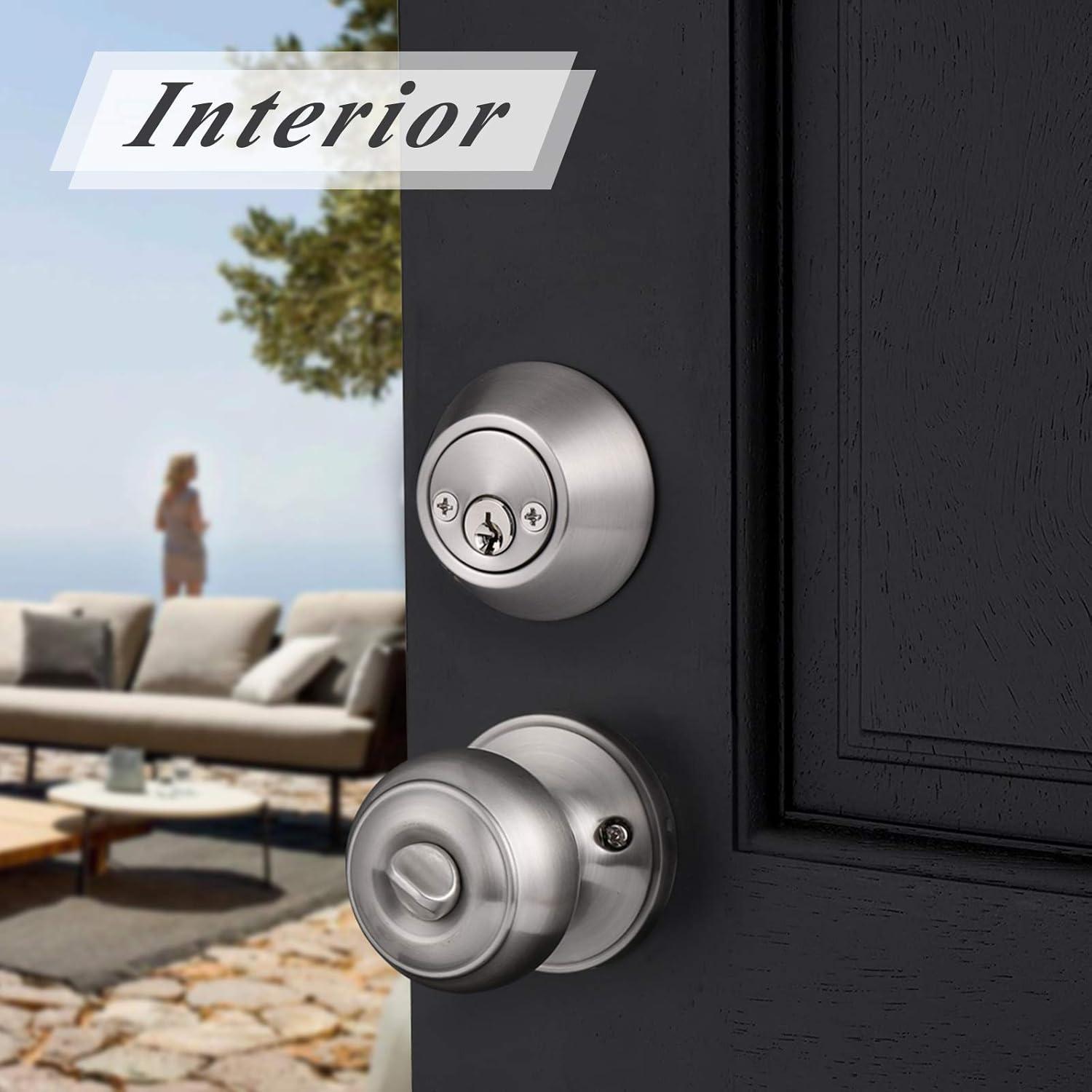 Brushed Nickel Round Stainless Steel Entry Knob and Deadbolt Set