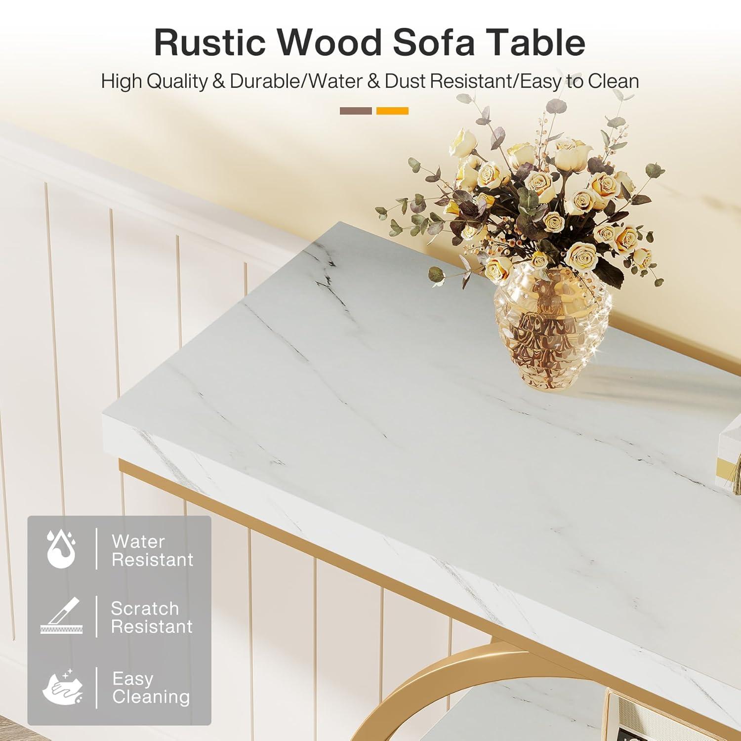 Tribesigns 41.3" Console Table, Industrial 4-Tier Sofa Entryway Table with Circle Base, Narrow Wood Accent Tables with Storage Shelves for Living Room, Hallway, Foyer, White Gold