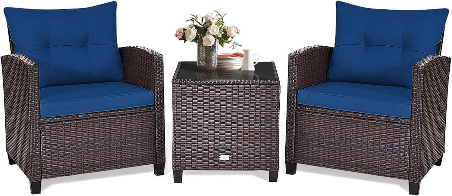 Outdoor 3-piece Cushioned Rattan Patio Furniture Conversation Set Navy