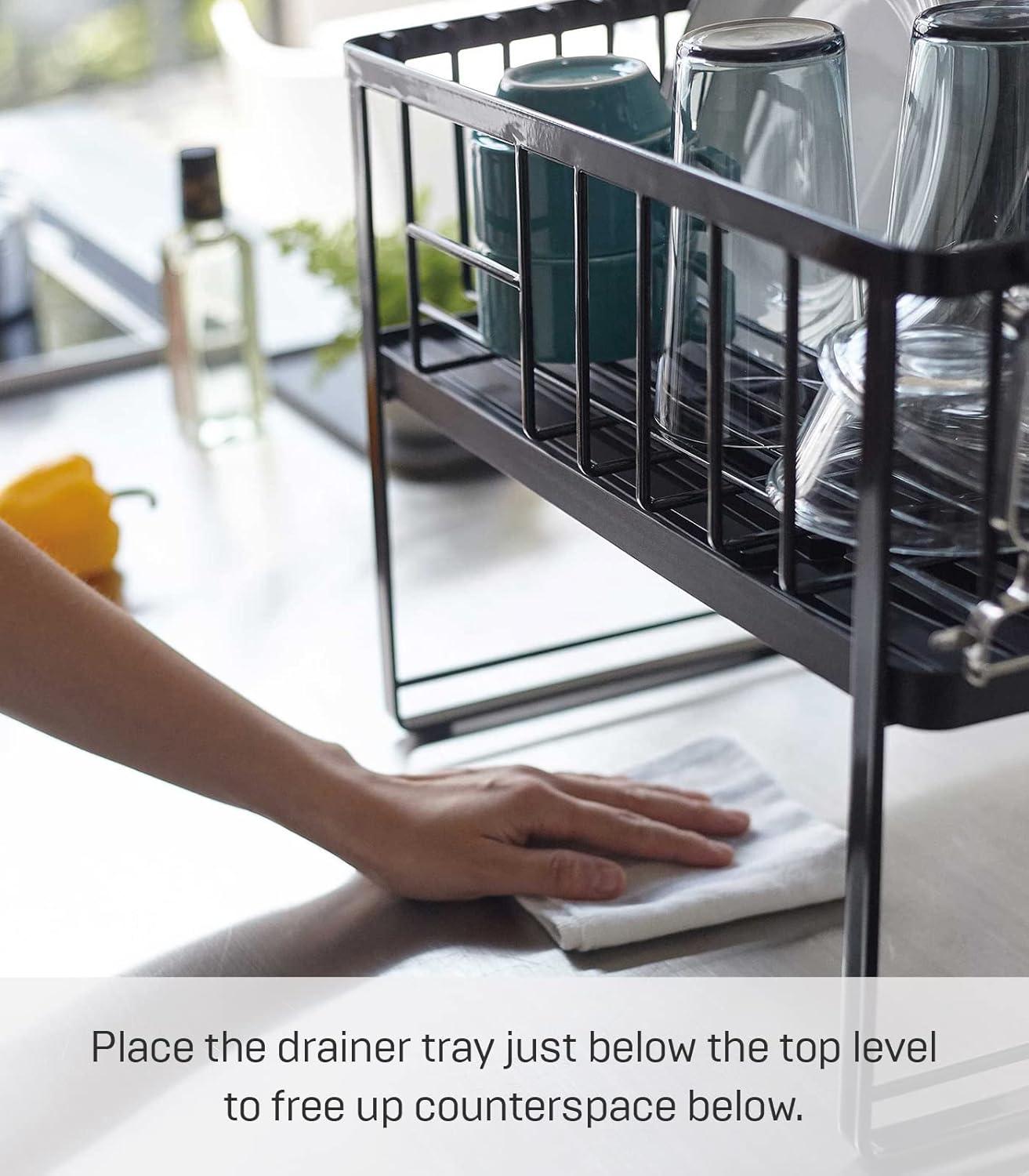 Tower Yamazaki Home Two-Tier Adjustable Dish Drainer Rack, Utensils Holder, Steel, Draining Spout