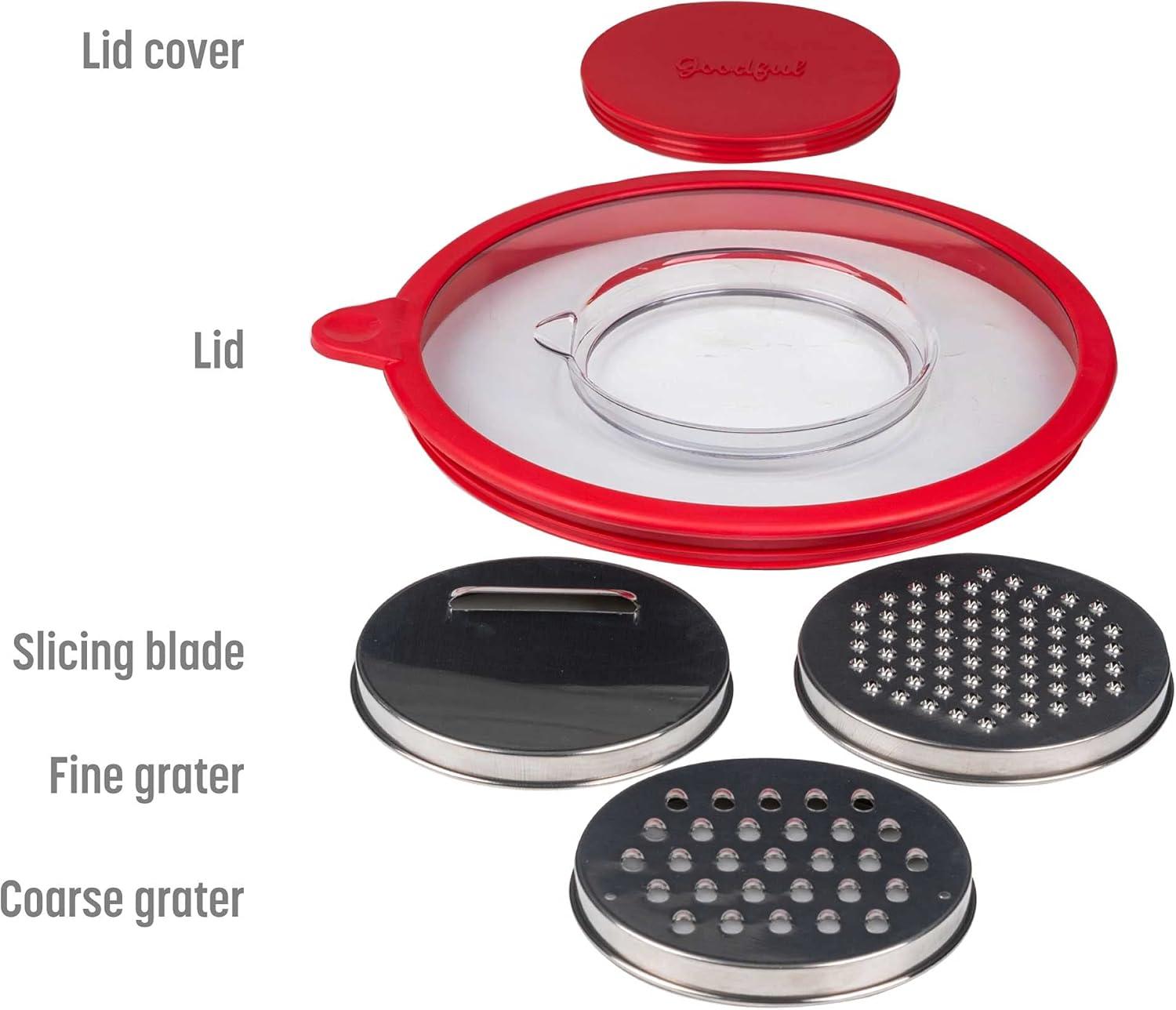 Goodful Stainless Steel Mixing Bowl with Non-Slip Bottom, Lid and 3 Interchangeable Grater Inserts (Fine, Coarse, Slicing), 5 Quart, Red