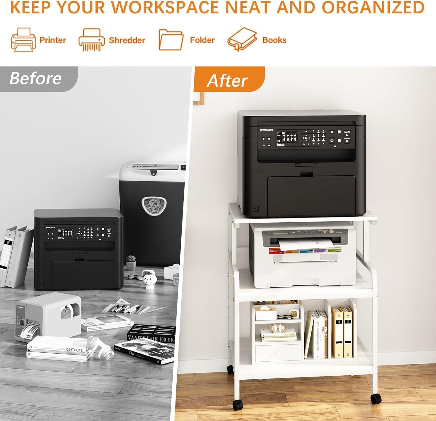 Large Printer Stand with Storage Shelf, 23.6" W x 18.9" D Printer Cart with Wheels, 3 Tier Mobile Printer Table for Home Office,Stands for Printer Heat Press Scanner Fax (White)