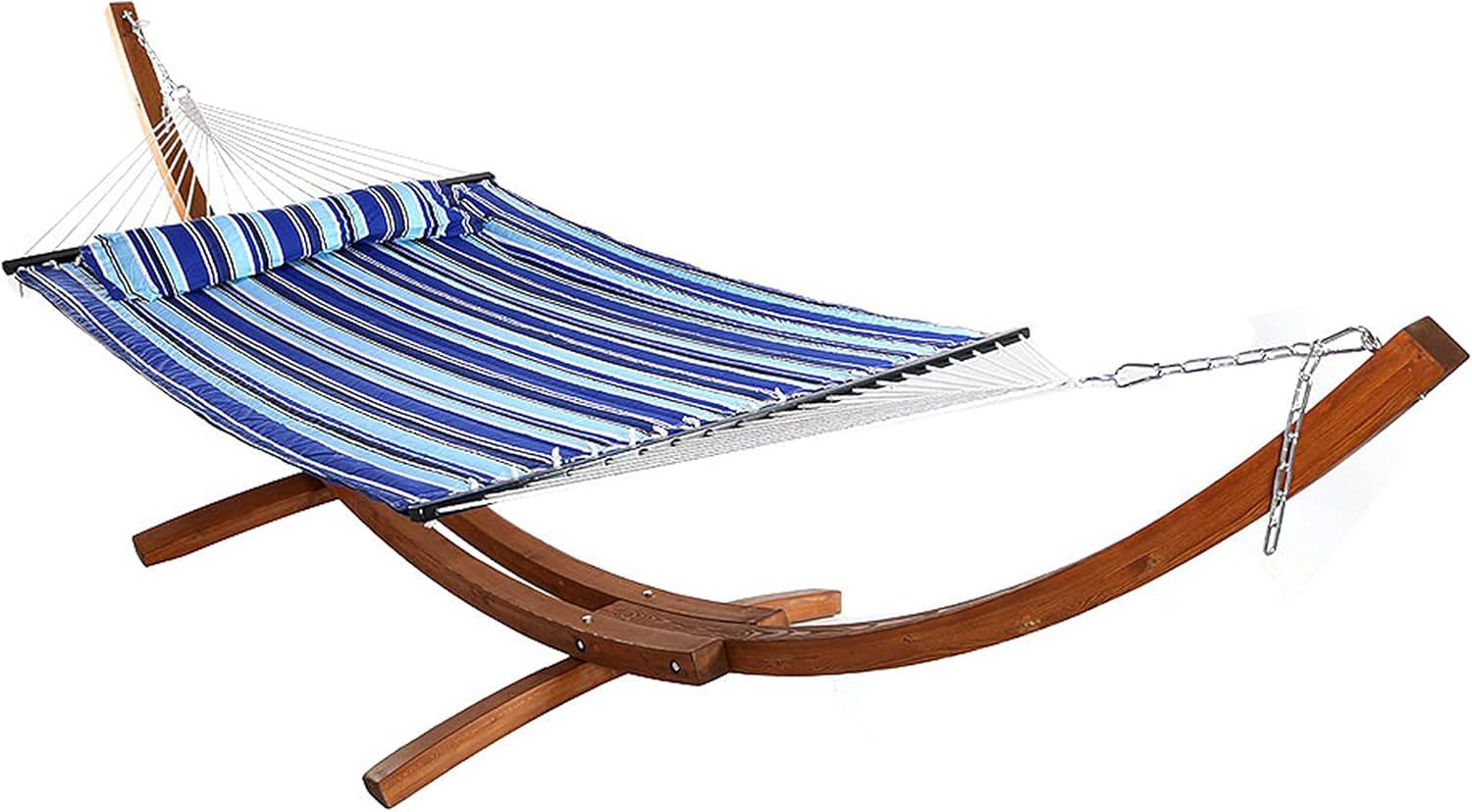 Sunnydaze Quilted Double Fabric 2-Person Hammock with Curved Arc Wood Stand - 400 lb Weight Capacity/13' Stand - Catalina Beach