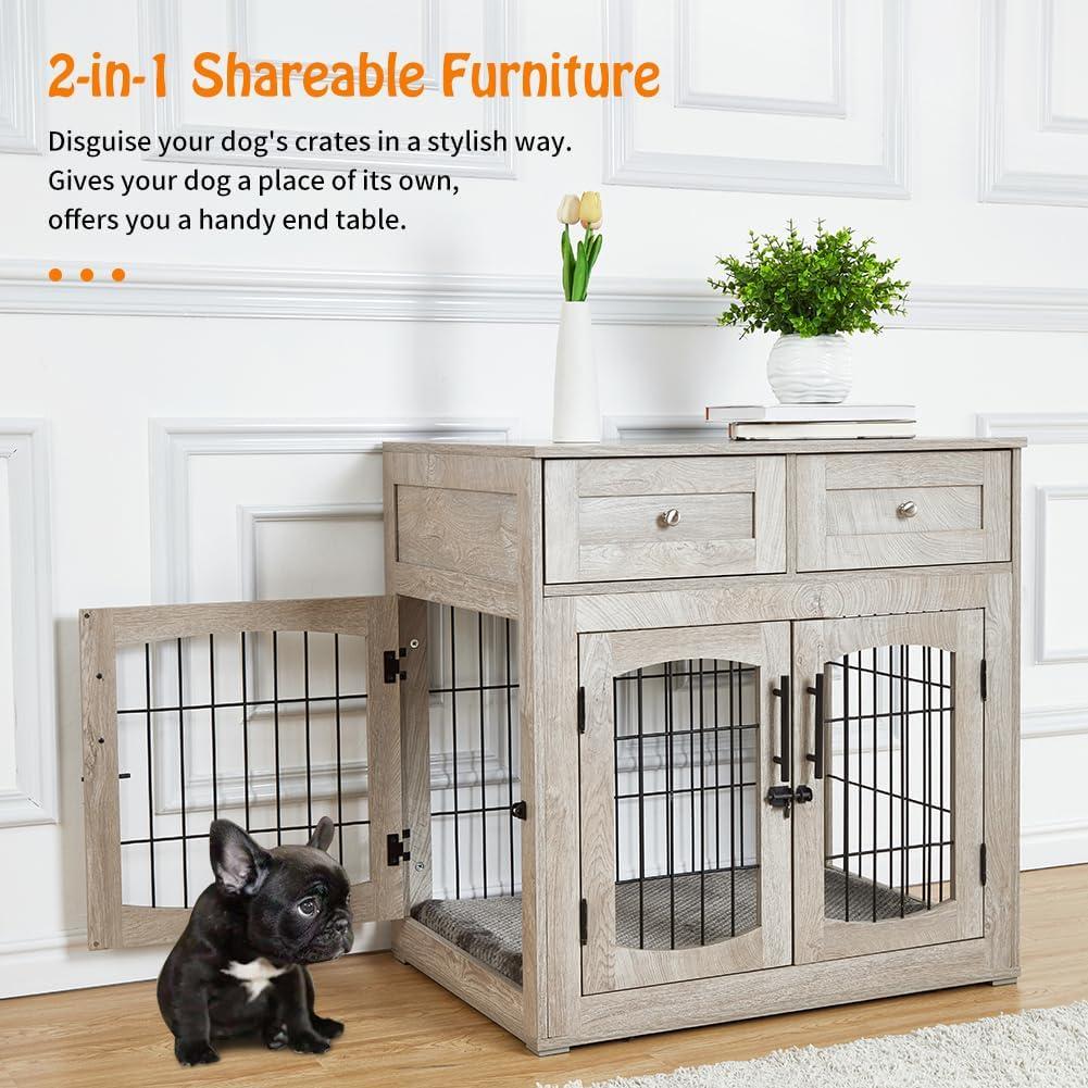 Dog Crate Furniture with Cushion,Wooden Dog Crate Table with 2 Drawers,3-Doors Dog Furniture,Indoor Dog Kennel,Dog House,Dog Cage,Side End Table(31.5 * 23.6 * 32inch, Rustic Grey)