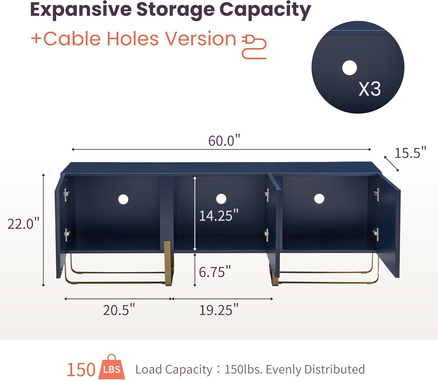 Denhour DH BASIC Modern 60-inch 3-Door Storage TV Stand by  Indigo Blue/Gold