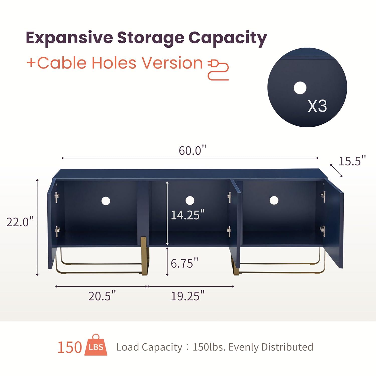 Denhour DH BASIC Modern 60-inch 3-Door Storage TV Stand by  Indigo Blue/Gold