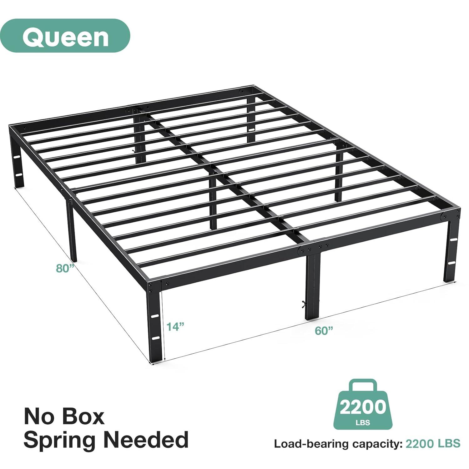 Queen Size Black Metal Bed Frame with Storage and Slats