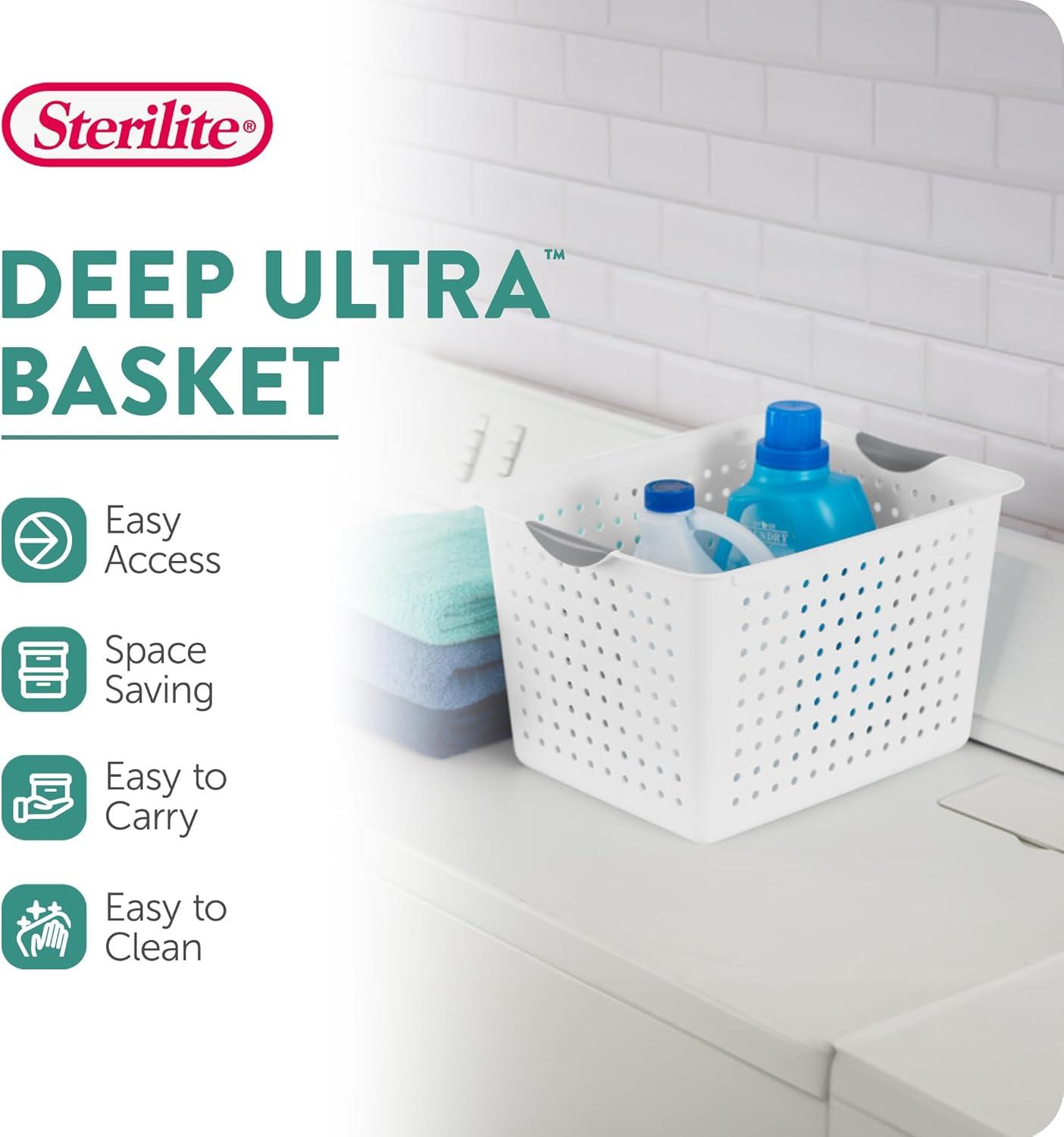 Sterilite Deep Ultra Basket, Closet Organizer Bin, Cabinets, Pantry, Shelving and Countertop Space Open Container, White, 24-Pack