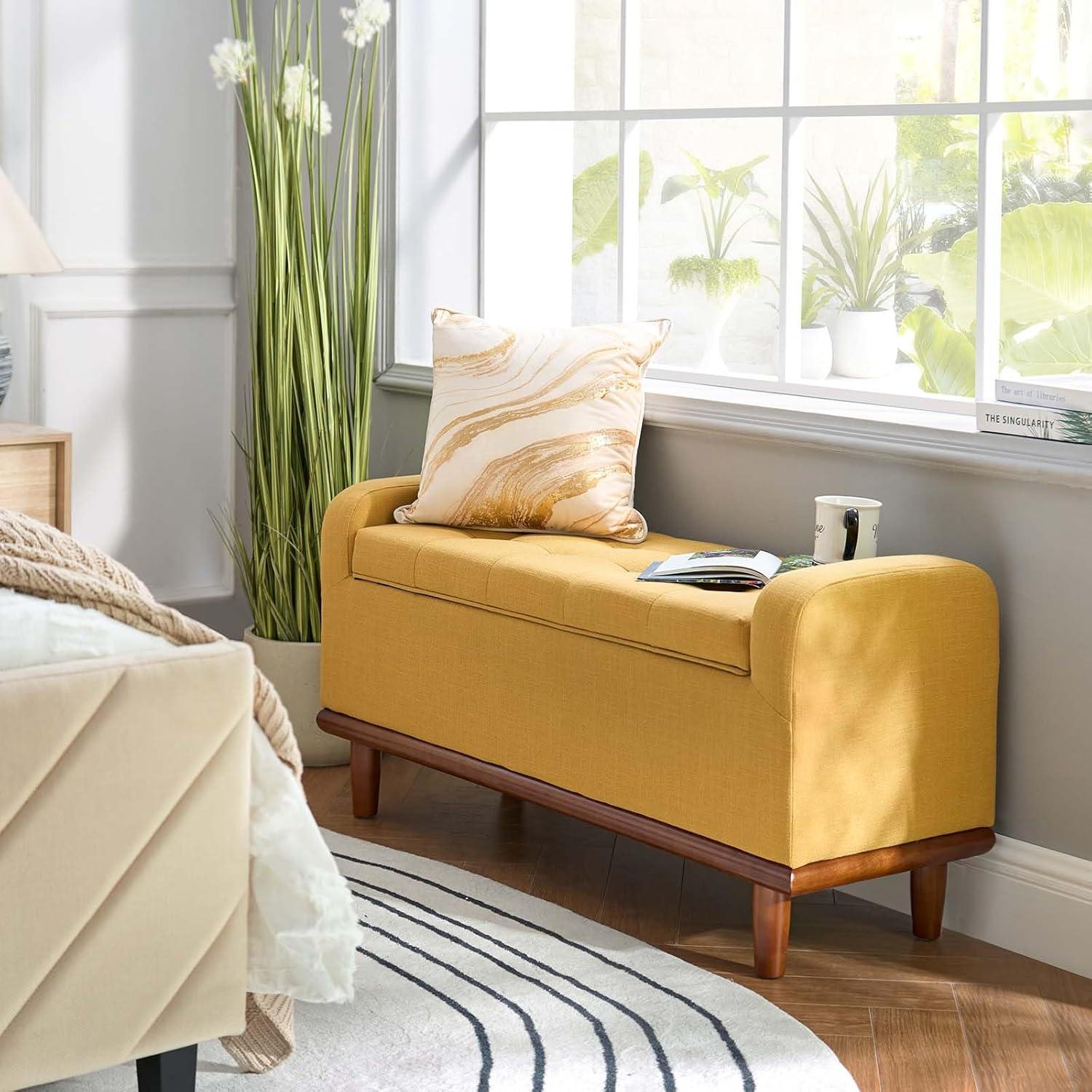 Mustard Upholstered Storage Bench with Walnut Wood Legs