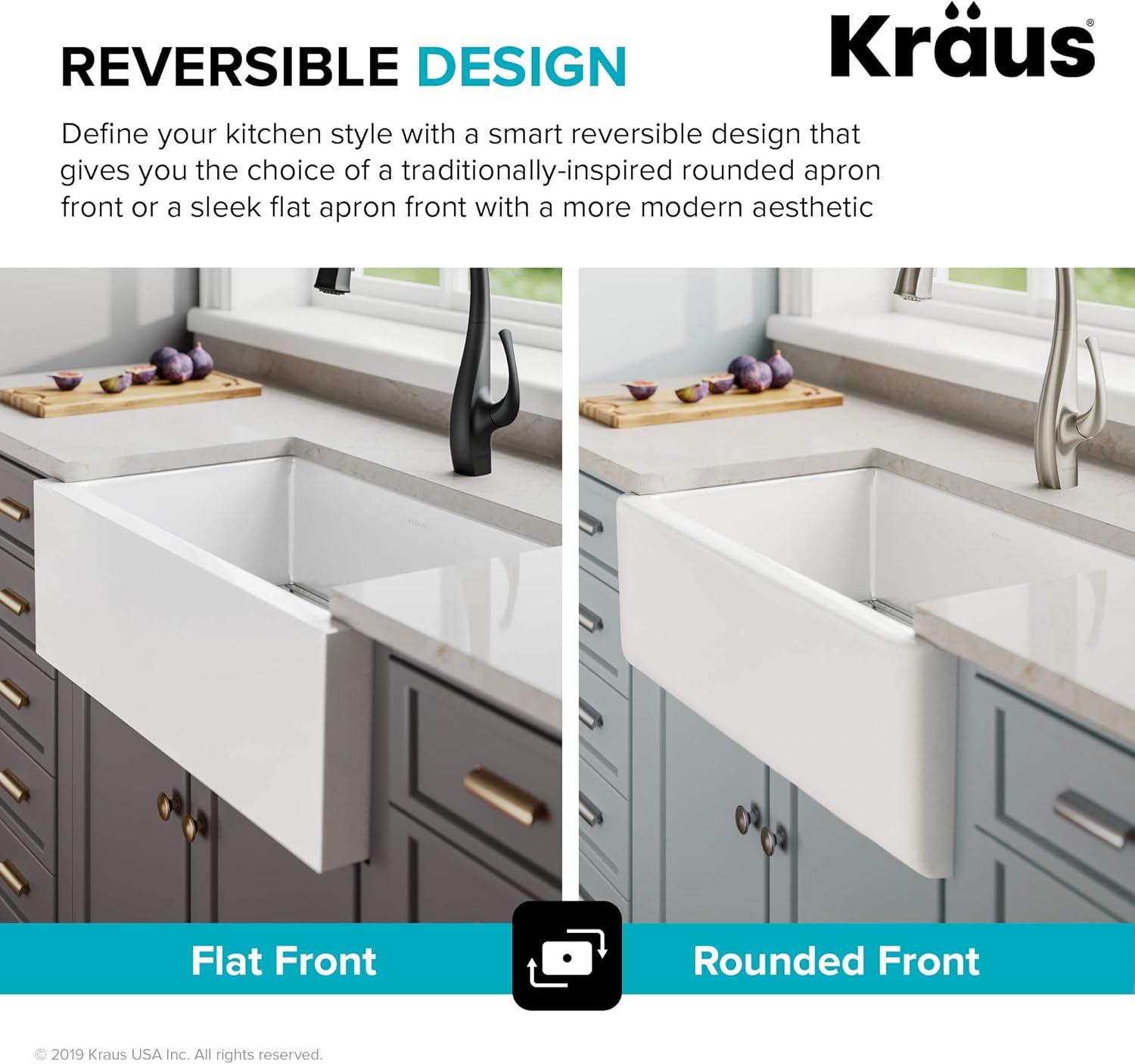 KRAUS Turino™ Reversible 33-inch L Fireclay Farmhouse Flat Apron Front Single Bowl Kitchen Sink with Bottom Grid