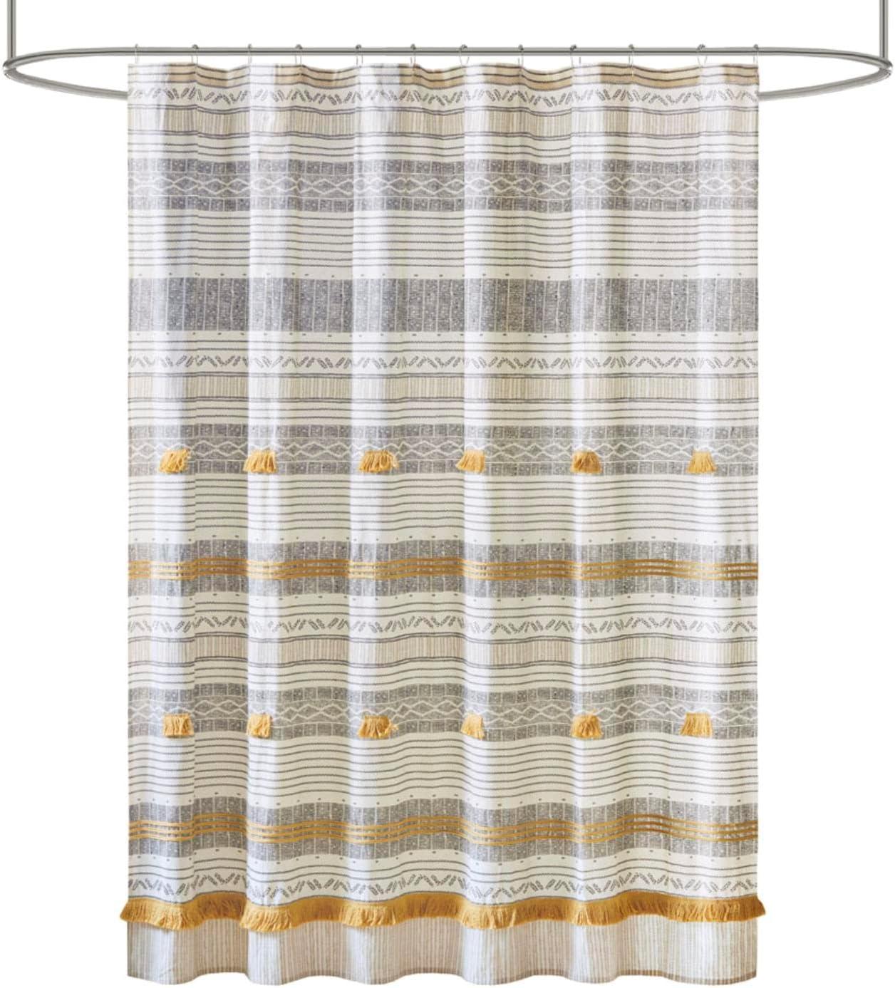 Gray and Yellow Cotton Striped Shower Curtain with Tassels