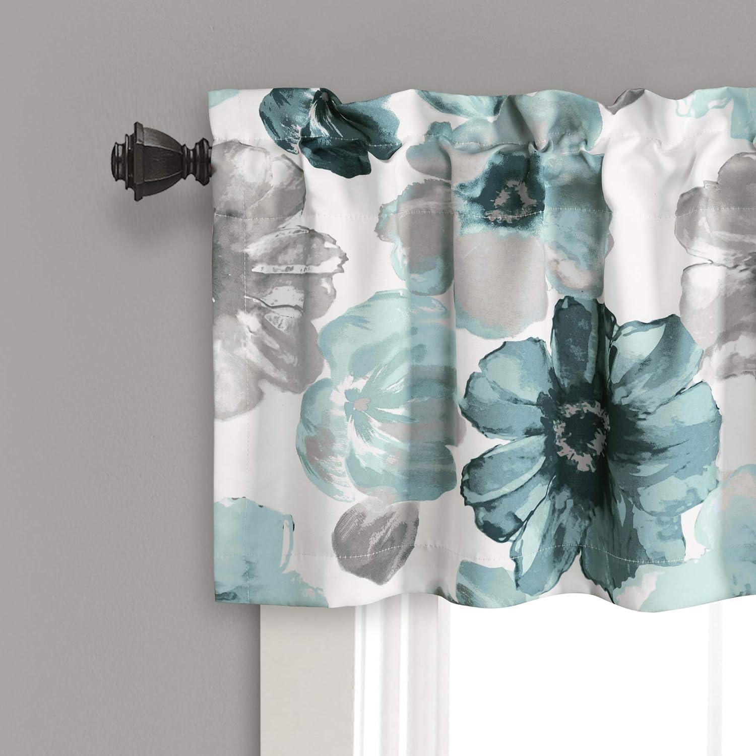 Blue Floral Polyester Rod Pocket Valance