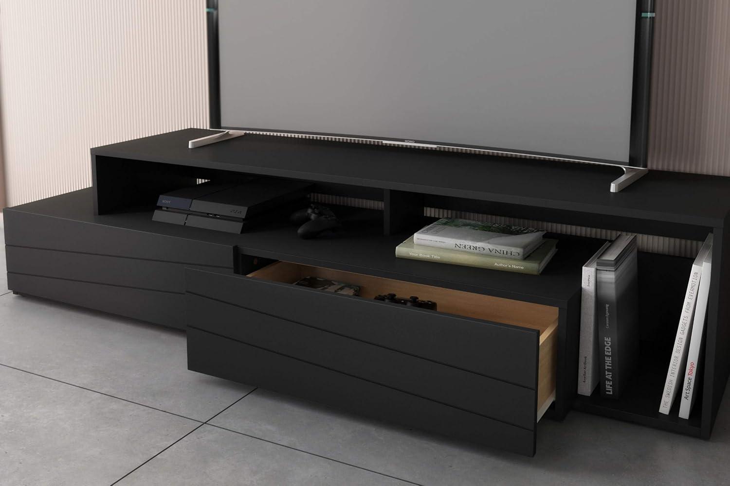 Tonik TV Stand for TVs up to 80" Black - Nexera: Modern Console with Drawers, Melamine Finish, Wood Composite