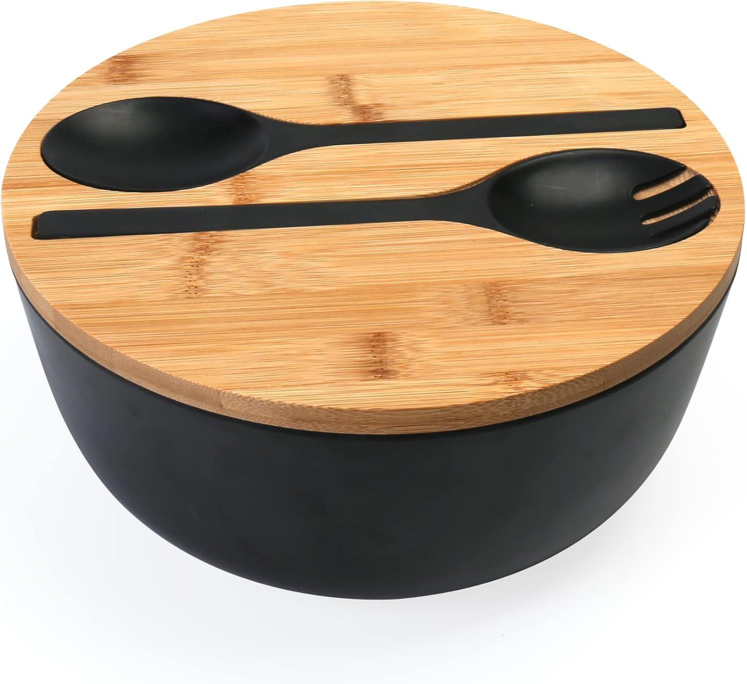 Large salad bowl with lid, upgraded version of bamboo fiber salad bowl with lid, 9.8-inch mixed salad bowl and server, and a set of free quick salad tools