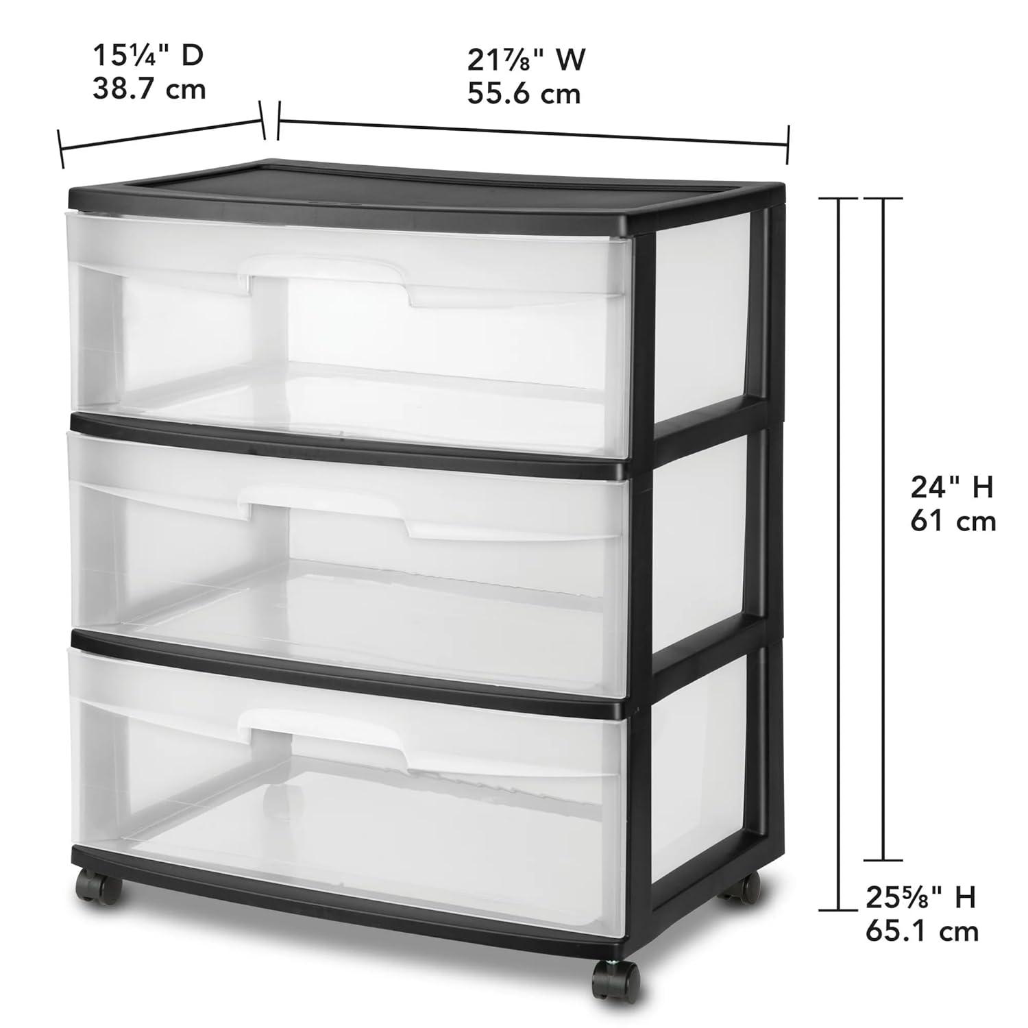 Sterilite Storage Drawer, 3 Drawer Wide Plastic Storage Cart with Clear Pull Out Drawers, Black