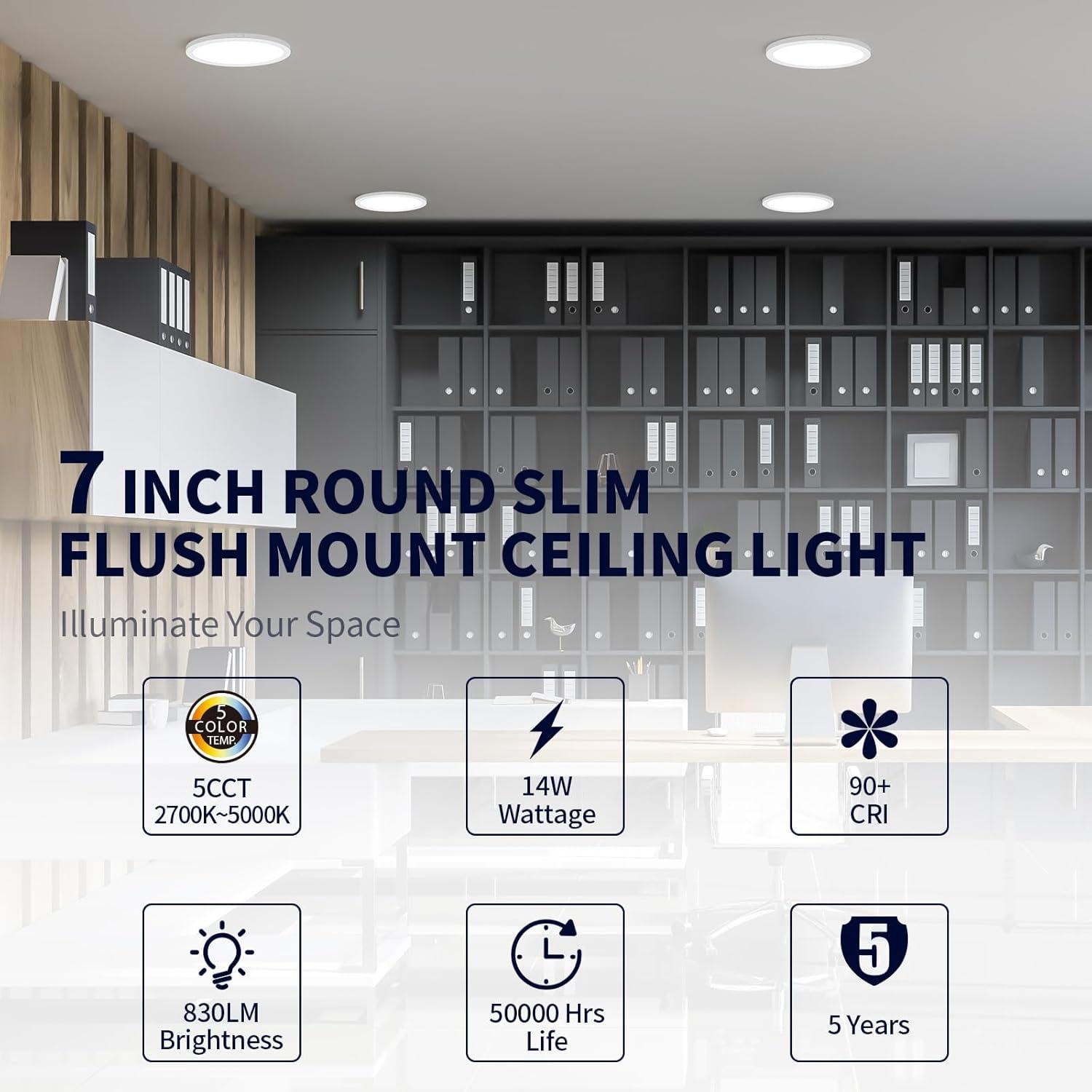 7 Inch Flush Mount LED Ceiling Light Fixture White, 14Watt, Dimmable & 2700K-5000K 5 Color Selectable Ceiling Light Fixtures Flush Mount 90+ CRI Low Profile Ceiling Light for Kitchen