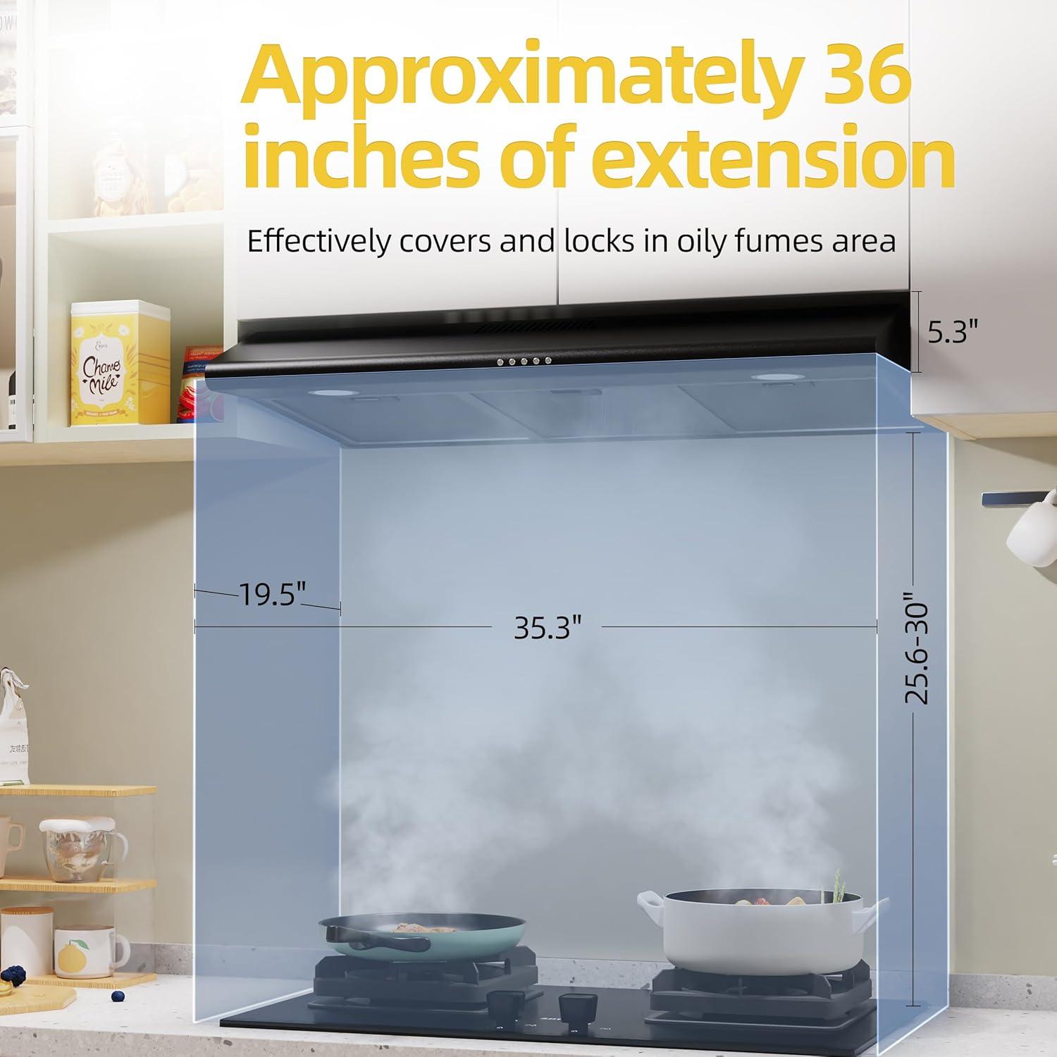 FIREGAS 36 inch Under Cabinet Range Hood 300CFM with Ducted/Ductless Convertible, Slim Kitchen Over Stove Vent, 3 Speed Exhaust Fan, Reusable Aluminum Filters, Push Button, Black