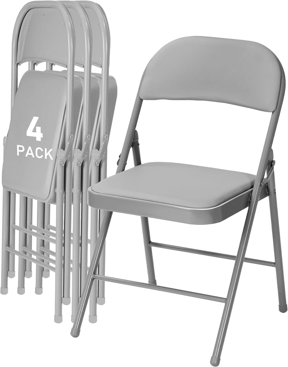 Folding Chairs with Padded Cushion and Back, 4pcs Potable Iron & PVC Durable Chairs for Indoor and Outdoor, School, Office and Garden Party, Gray