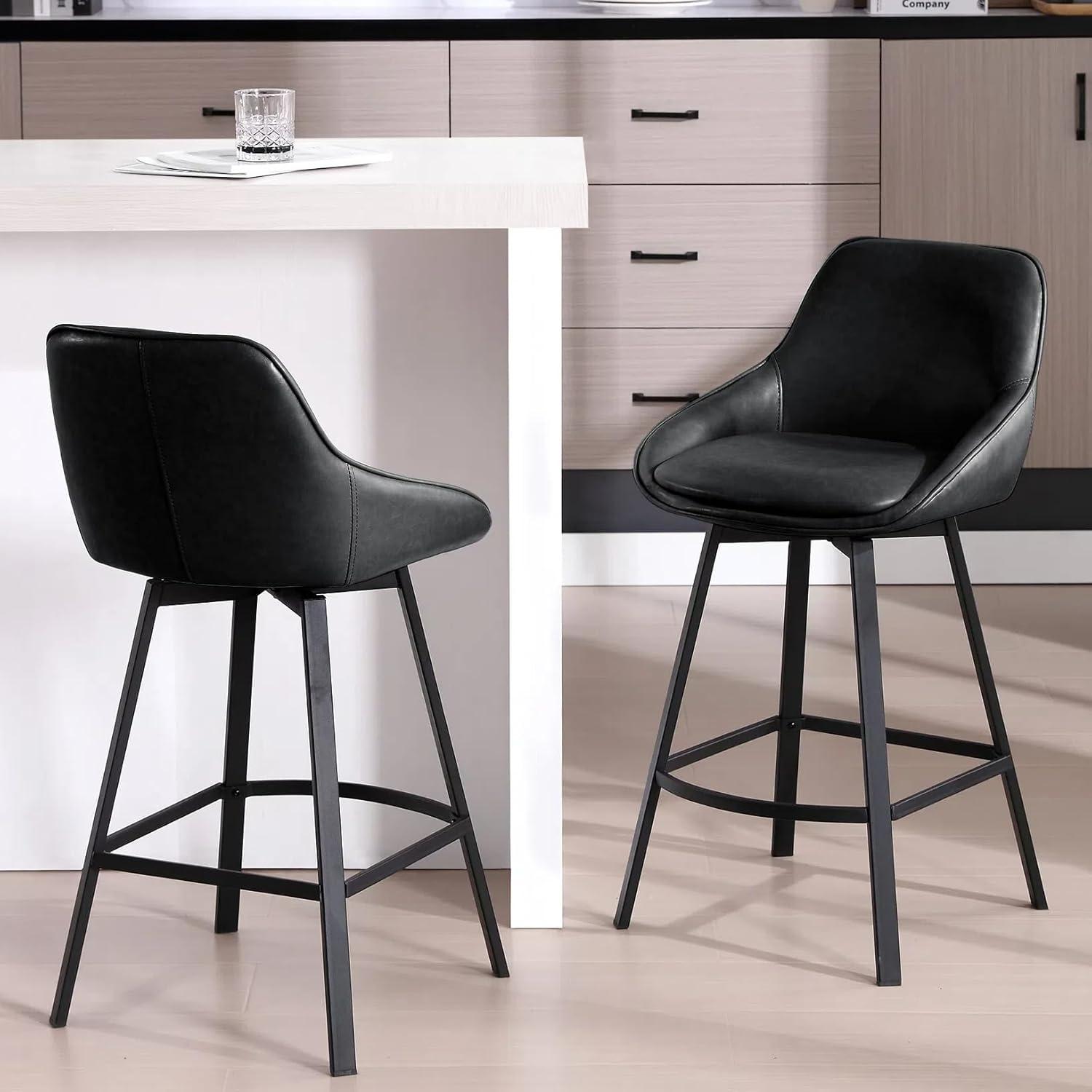 Black Faux Leather Swivel Counter Stools with Steel Legs, Set of 2