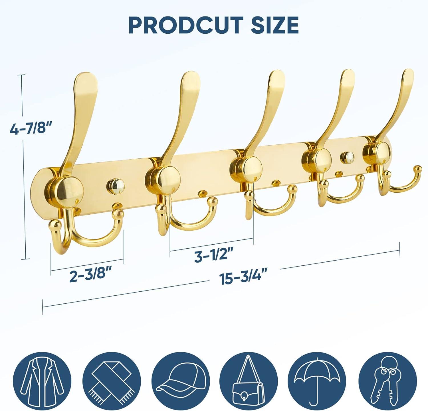 5 Tri Hooks, Heavy Duty, Stainless Steel, Metal Coat Hook Rail for Towel Purse Robes