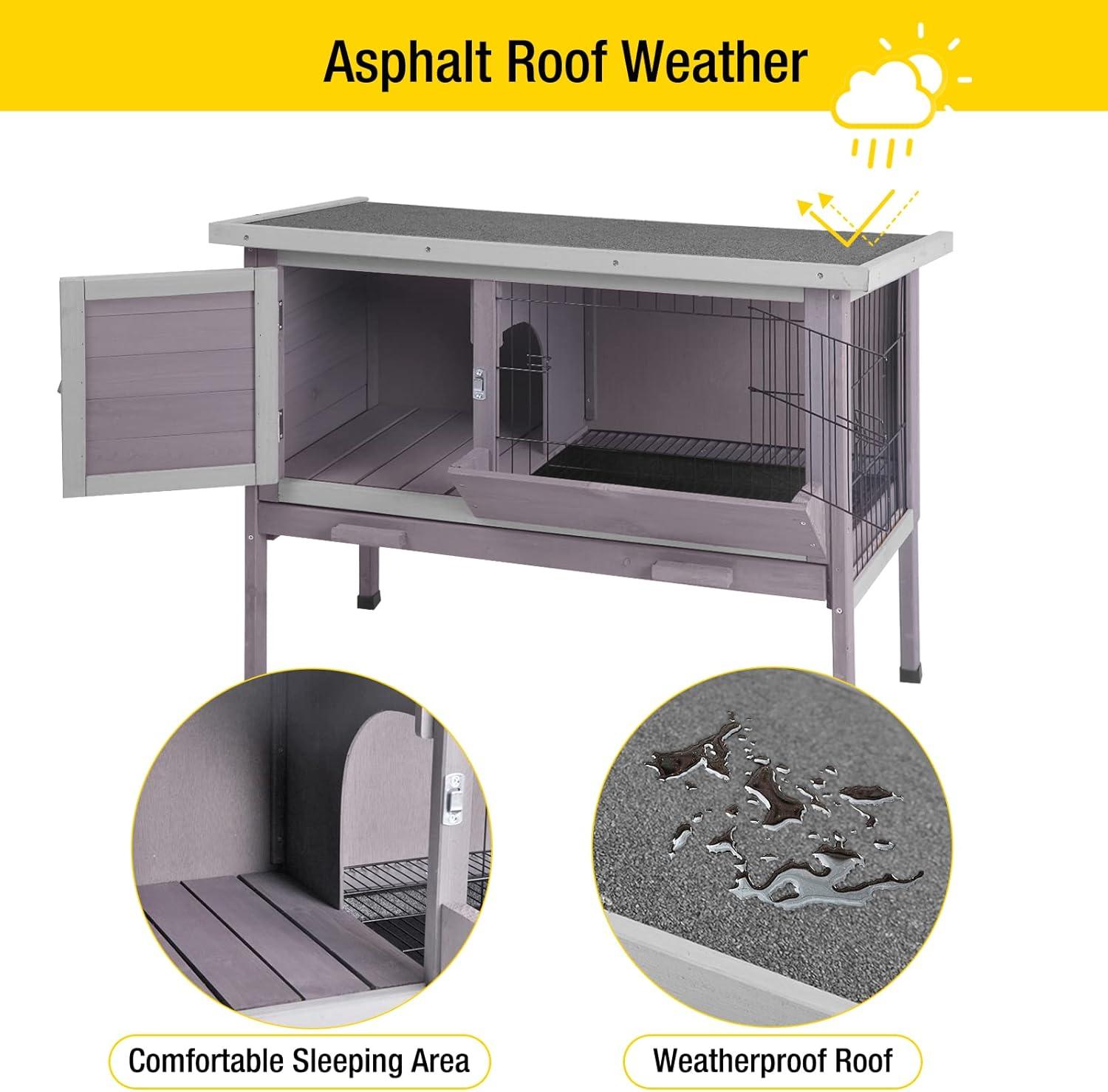 Gray Wooden Indoor Rabbit Hutch with Metal Wire Pan