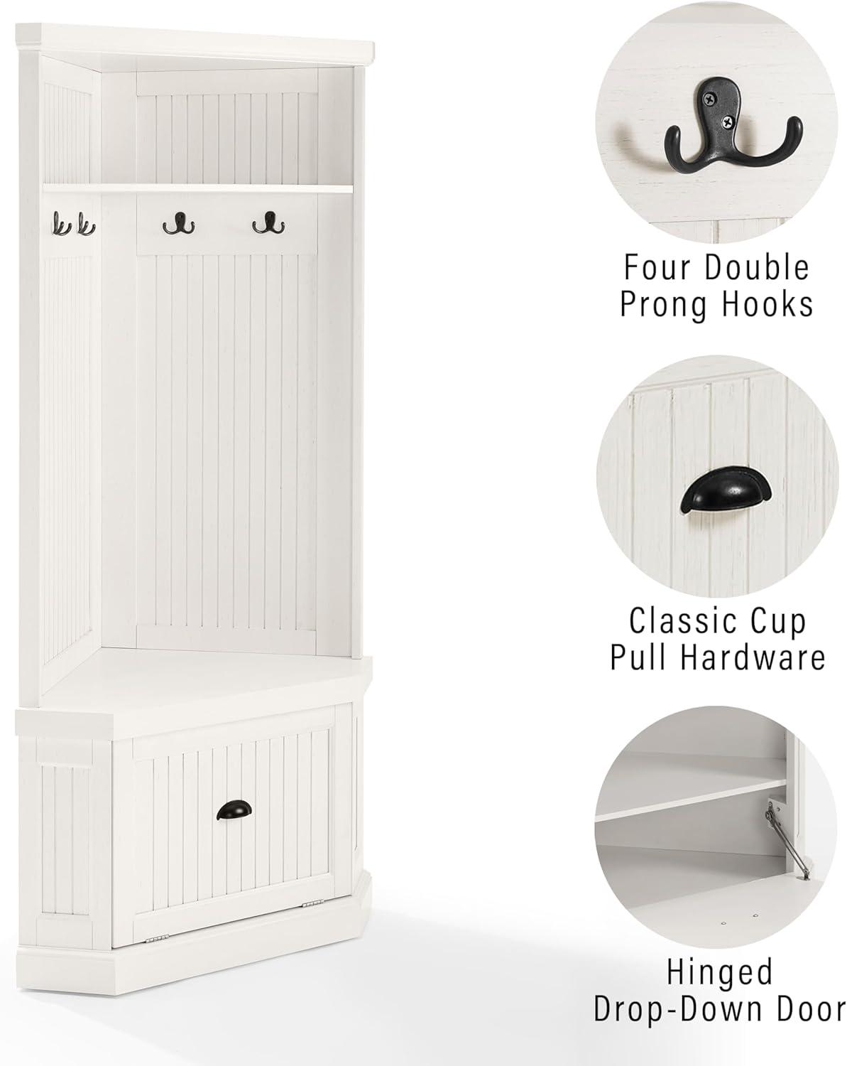 Seaside Corner Hall Tree Distressed White - Crosley: Entryway Organizer with Shoe Storage, 4 Hooks