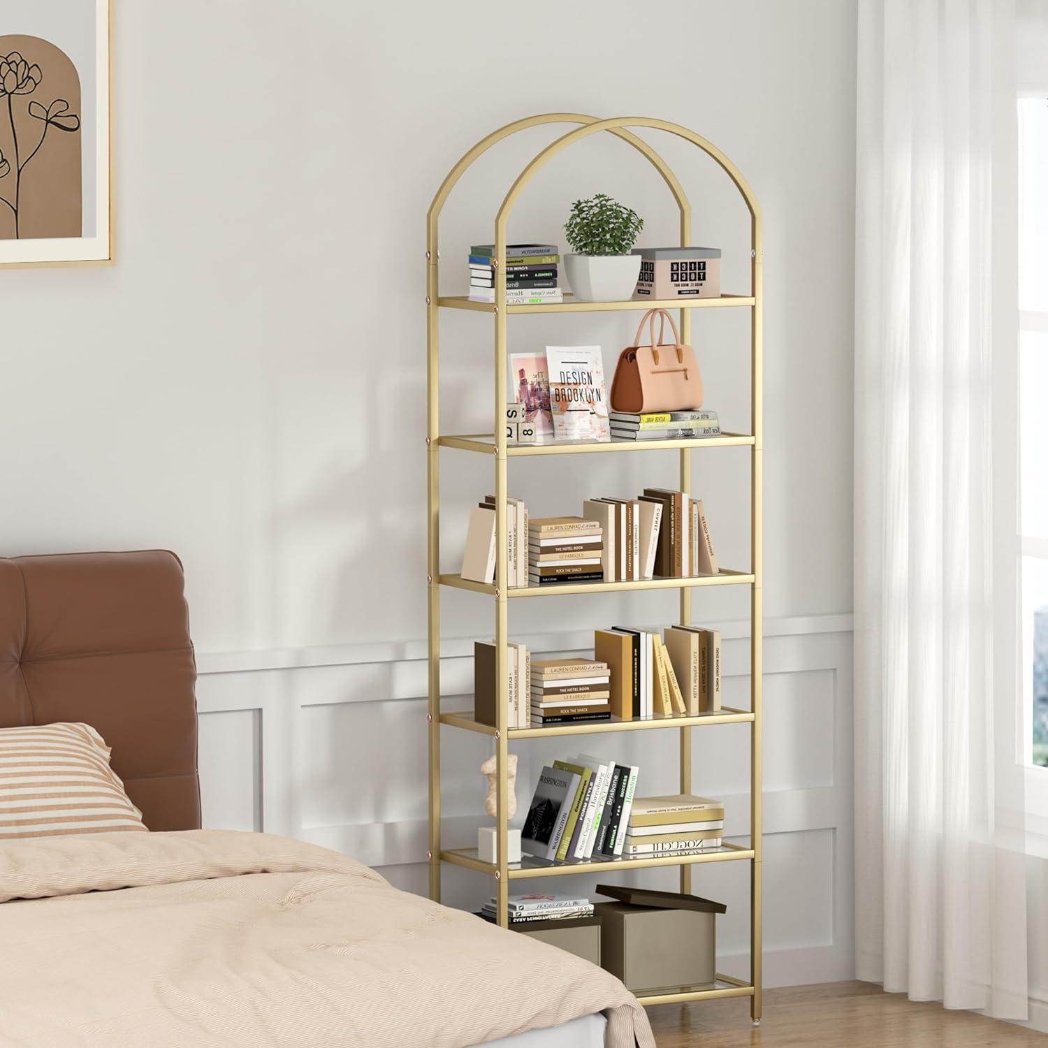 Mercer41 Bookcase Bookshelf, Tempered Glass Arched Bookshelf For More Storage, Slim Shelving Unit For Bedroom, Bathroom, Home Office, Steel Frame, 6 Tier Gold