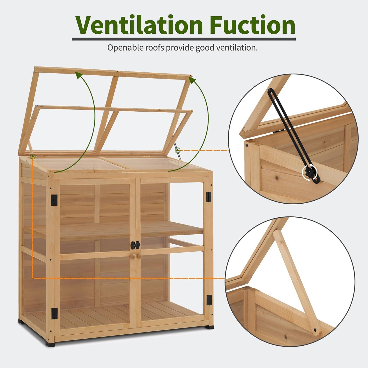 Natural Fir Wood Sliding Door Greenhouse with Polycarbonate Panels