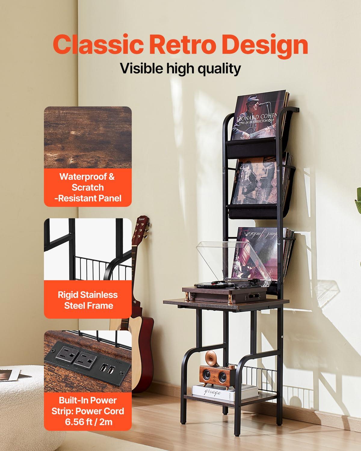 17 Stories 5 Tiers Record Player with LED Light & USB Ports Vinyl Shelf Black